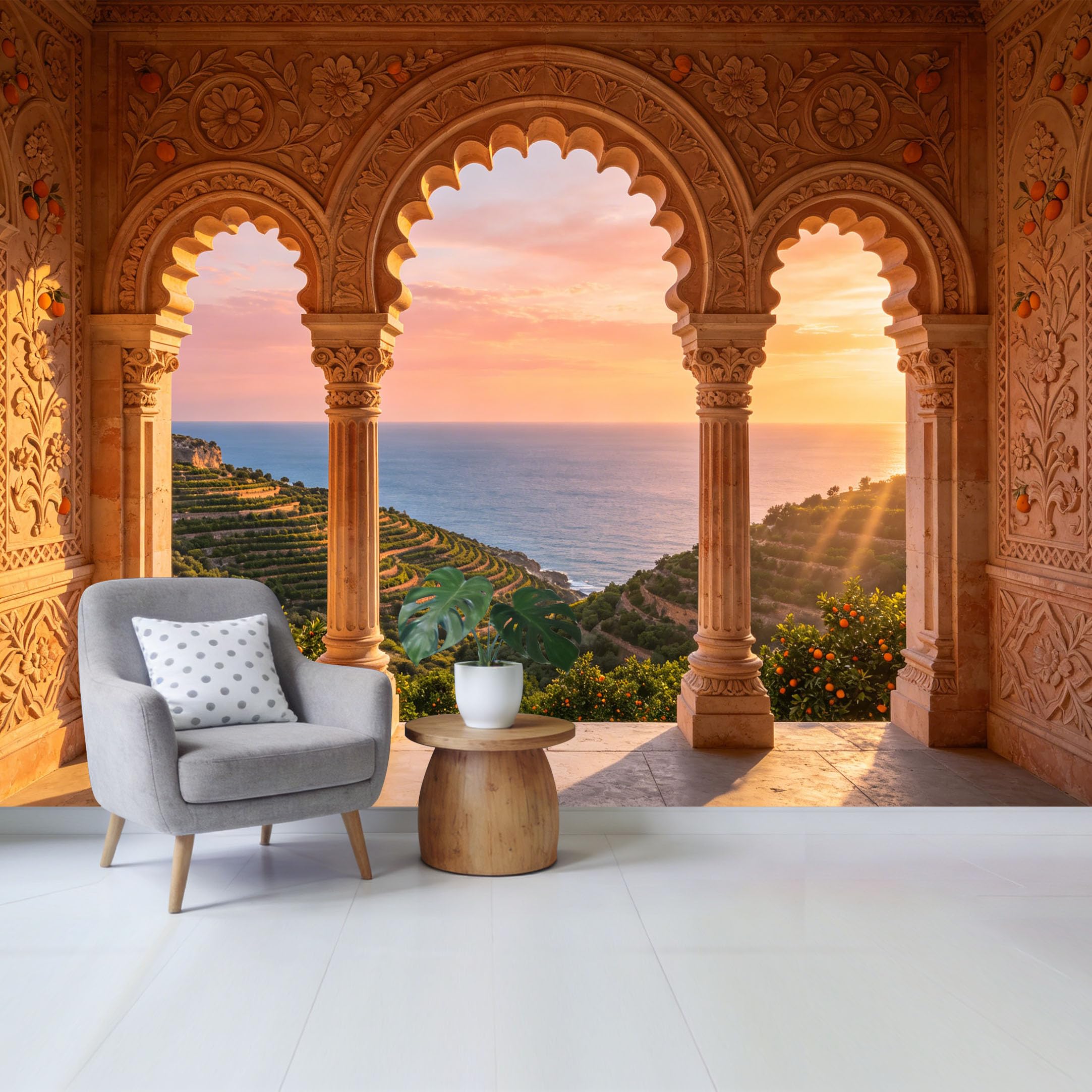 Removable Self Adhesive Fabric Mural， Mediterranean Coastal Terrace Custom Size Wall Covering， 3D Trompe L'Oeil Sunset Ocean View UV Protected Waterproof Washable Wall Decor for Living Room