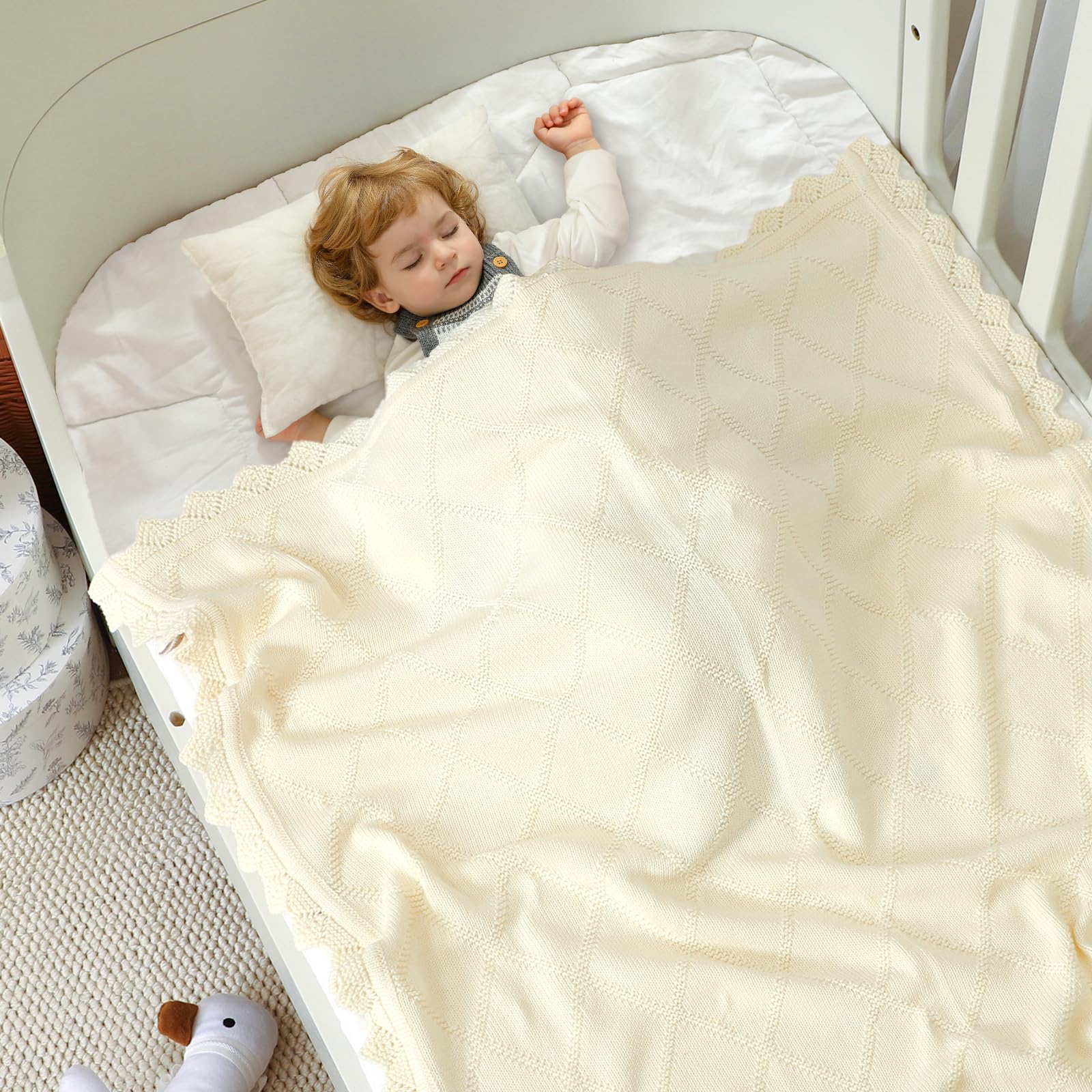 mimixiong Baby Blanket 100% Cotton Knitted Soft Knit Crochet Blankets for Newborn Boy Girls Toddler 100x80cm (Cream) - Image 2