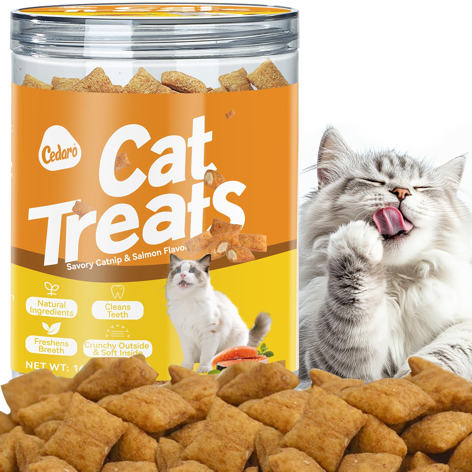 Natürliche knusprige & weiche Katzen-Leckerlis für Indoor-Katzen - Katzenminze & Lachsgeschmack, Katzensnacks mit echtem Lachs, Zahnpflege & Verdauungsunterstützung, gesunde Trainings-Leckerlis
