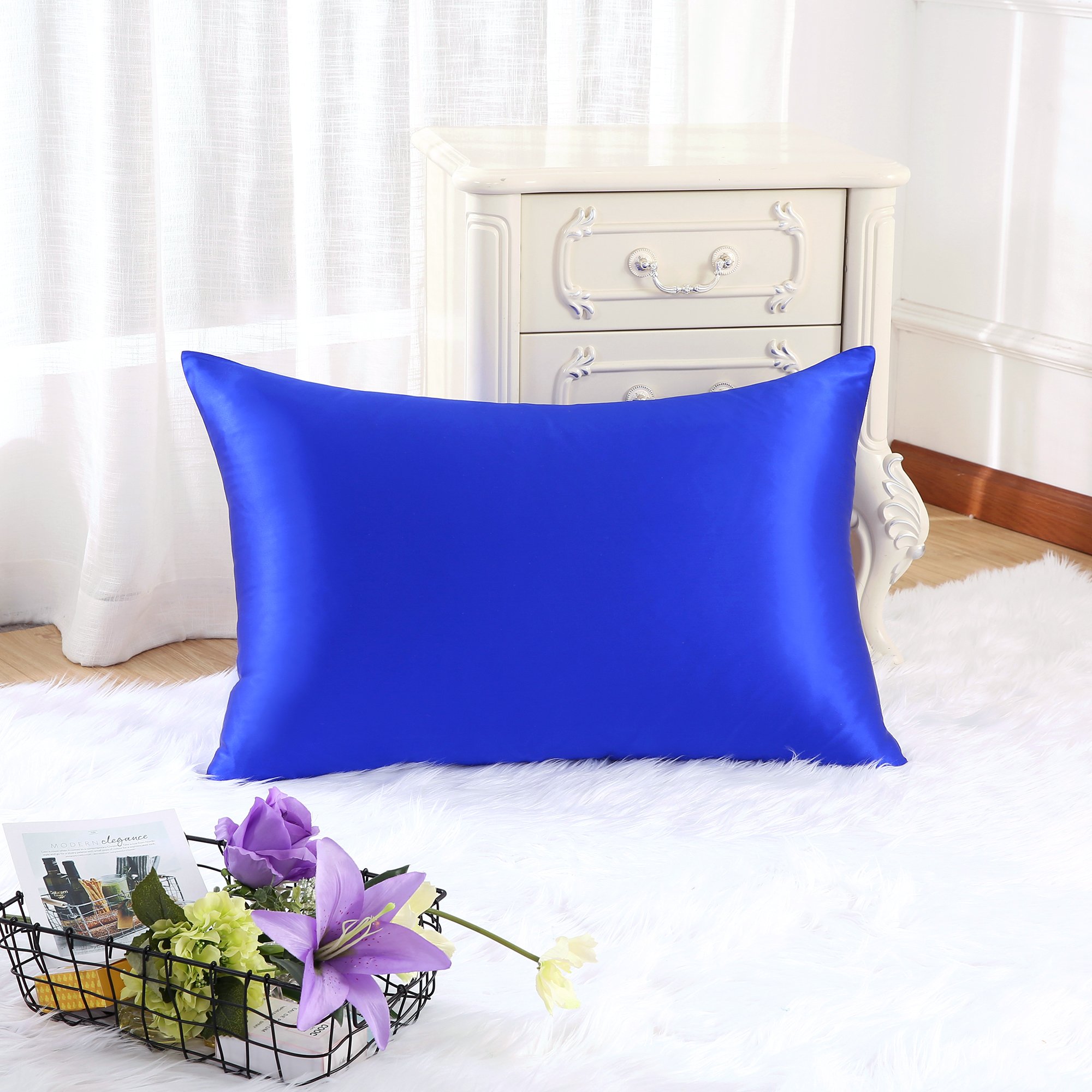 Spruce Luxurious 100% Pure Mulberry Silk Pillowcase for Hair and Skin Beauty on Both Sides with Hidden Zipper, Anti-Wrinkle, 19 Momme, 22 Colors, 1 PC(50 * 75 cm) (Standard - 50*75cm, Sapphire Blue)