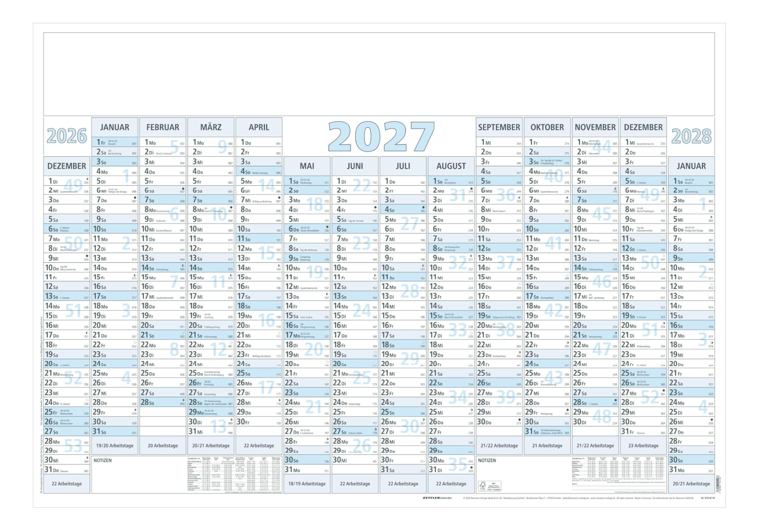 Plakatkalender 14 Mon blau 5 Stk. gerollt 2027: Wandkalender 100x70 cm mit 14 Monaten pro Seite inkl. Dez. 2026 & Jan. 2028, Tages-, Wochen- & Arbeitstagezählung & Schulferien