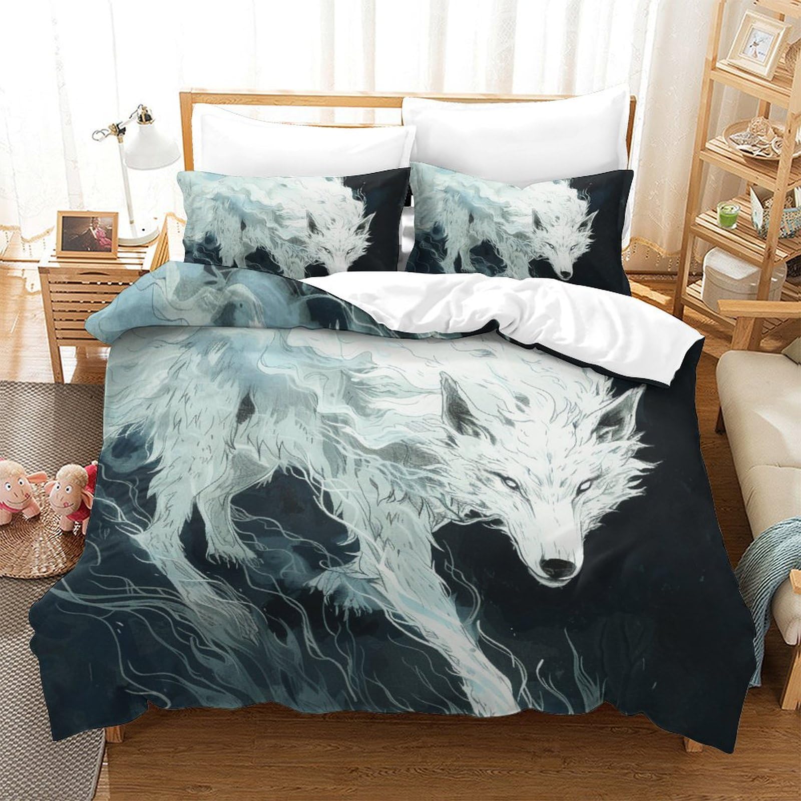 Housse de couette loup 220x240 cm avec 2 taies d'oreiller king en microfibre
