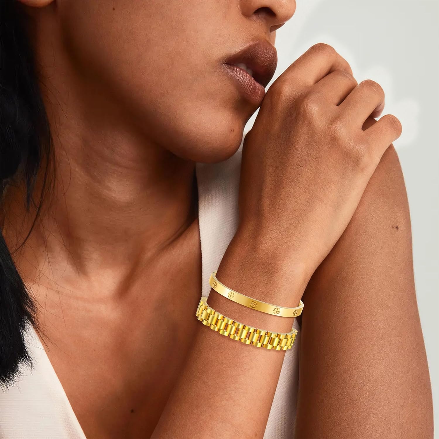 2PCS 18K Gold Chain Link Bracelets for Women - Stackable Love & Friendship Theme Bangle Bracelet Set,Non-Tarnish Stainless Steel Jewelry with Adjustable Tool. - Image 8