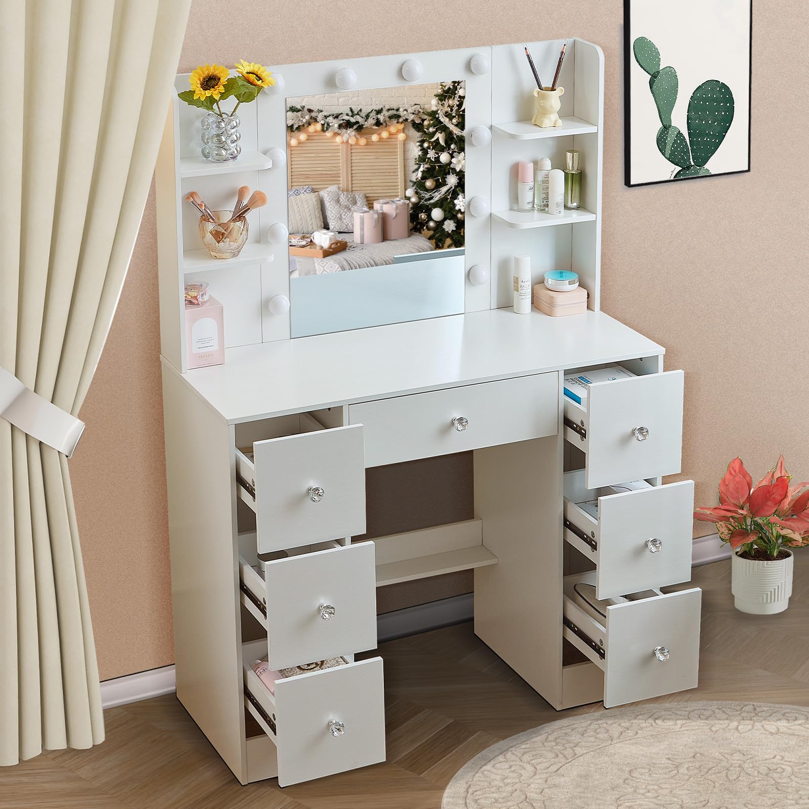 Vanity Desk with Mirror and Lights, Vanity Desk with 3 Lighting Models, Adjustable Makeup Vanity with 7 Drawers and Stoarge Shelves, Dressing Table with Crystal Handle for Bedroom