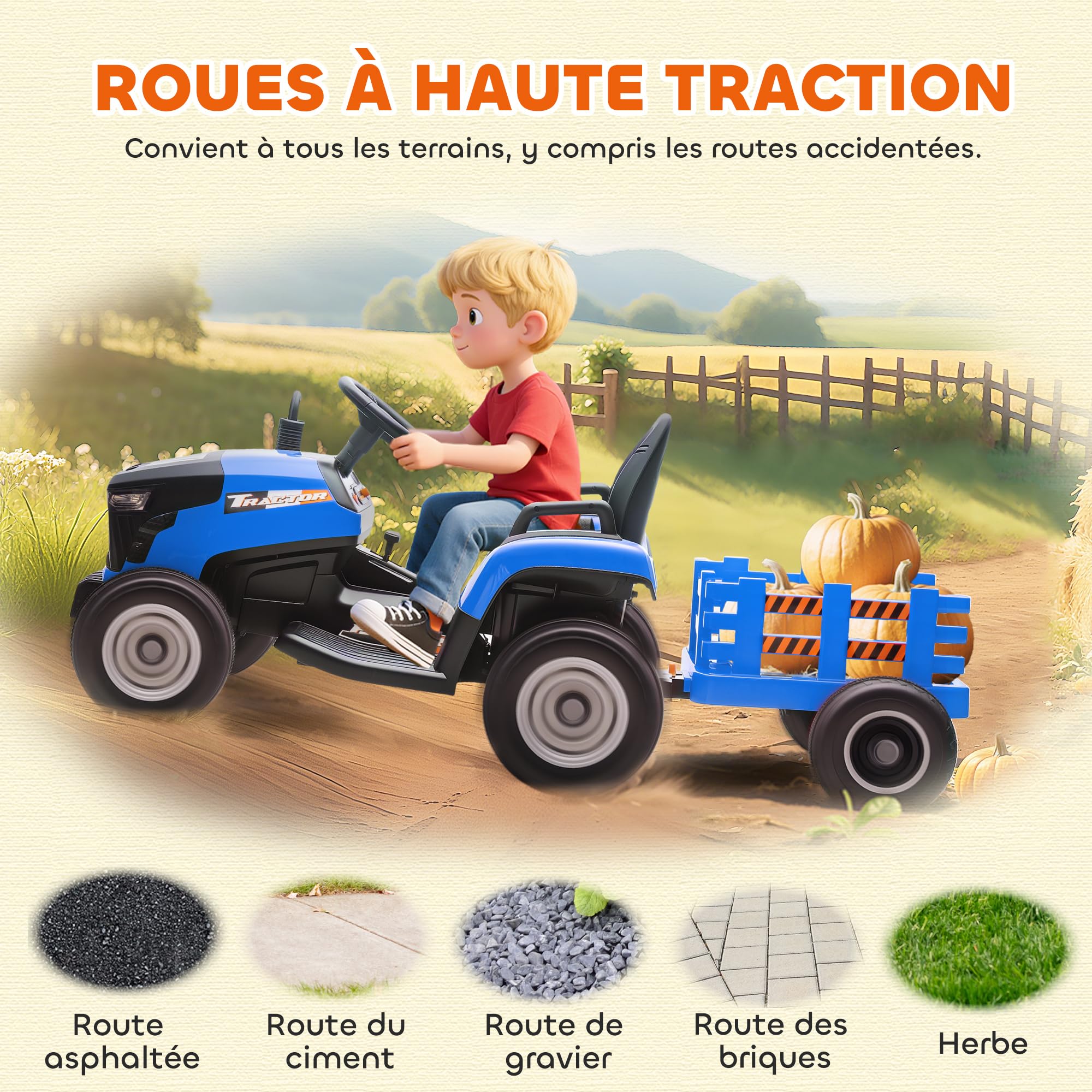 AIYAPLAY Tracteur électrique Enfants avec remorque amovible, Voiture électrique 6 pneus télécommande 2,4G LED Musique 3 Vitesses 3-8 Ans Bleu