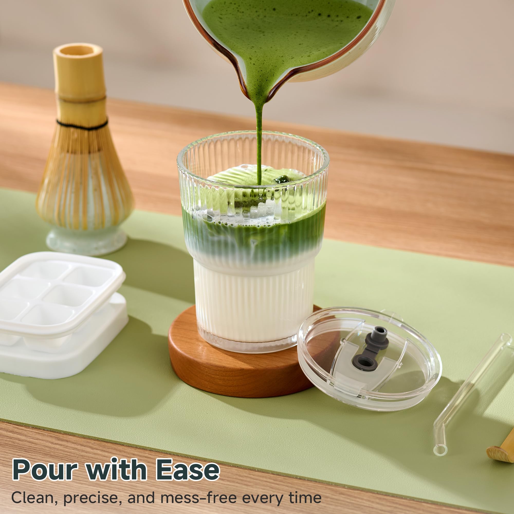 ComboJoy Matcha Whisk Set, Complete Matcha Kit with Bowl, Bamboo Whisk & Holder, Scoop, Sifter, Glass Cup with Lid & Straw, Ice Cube Tray – Matcha Gift Set for Matcha Lovers