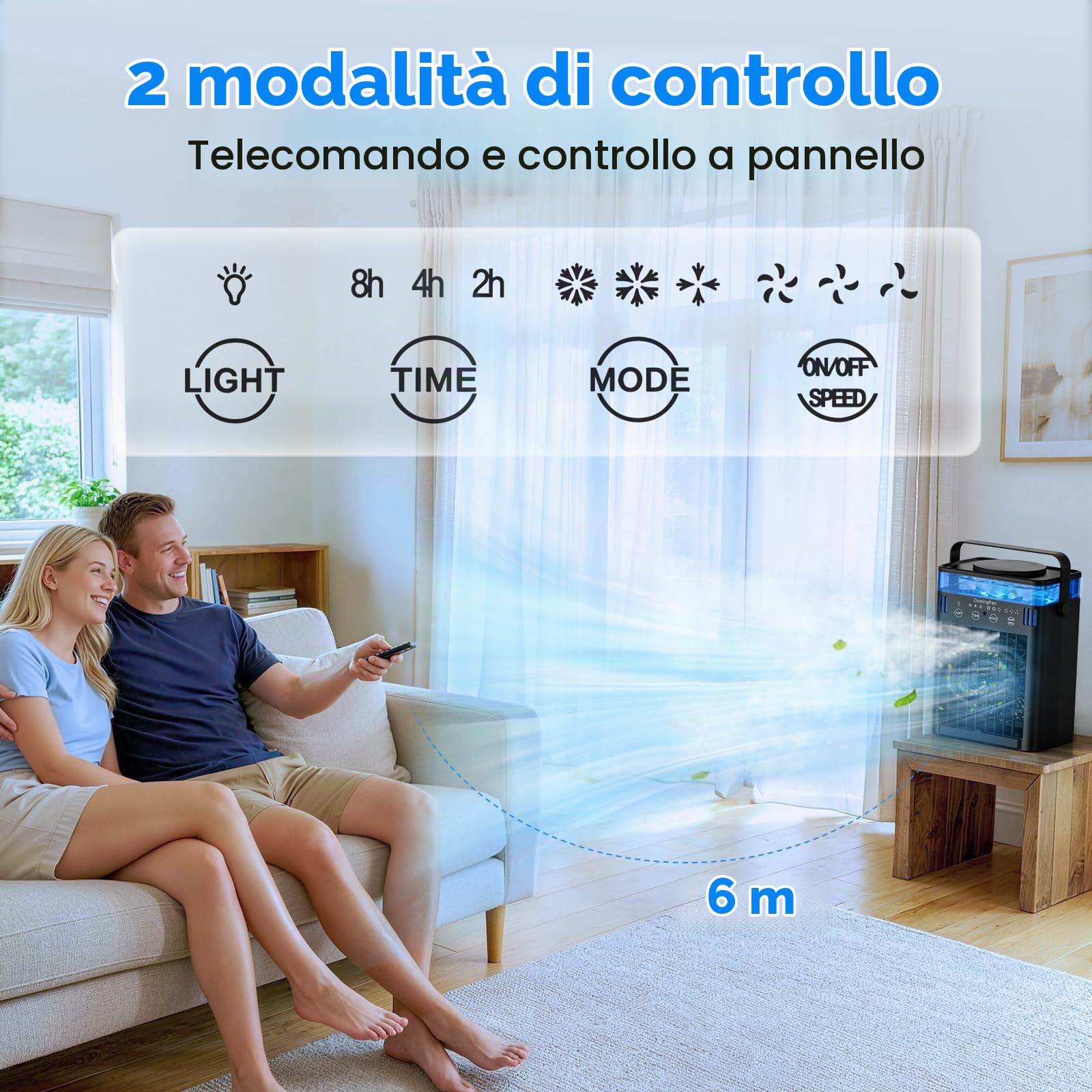 Mini condizionatore portatile con telecomando, 3 velocità e 3 nebbie, timer da 2 a 8 ore e 7 luci, per camera da letto, ufficio, ufficio