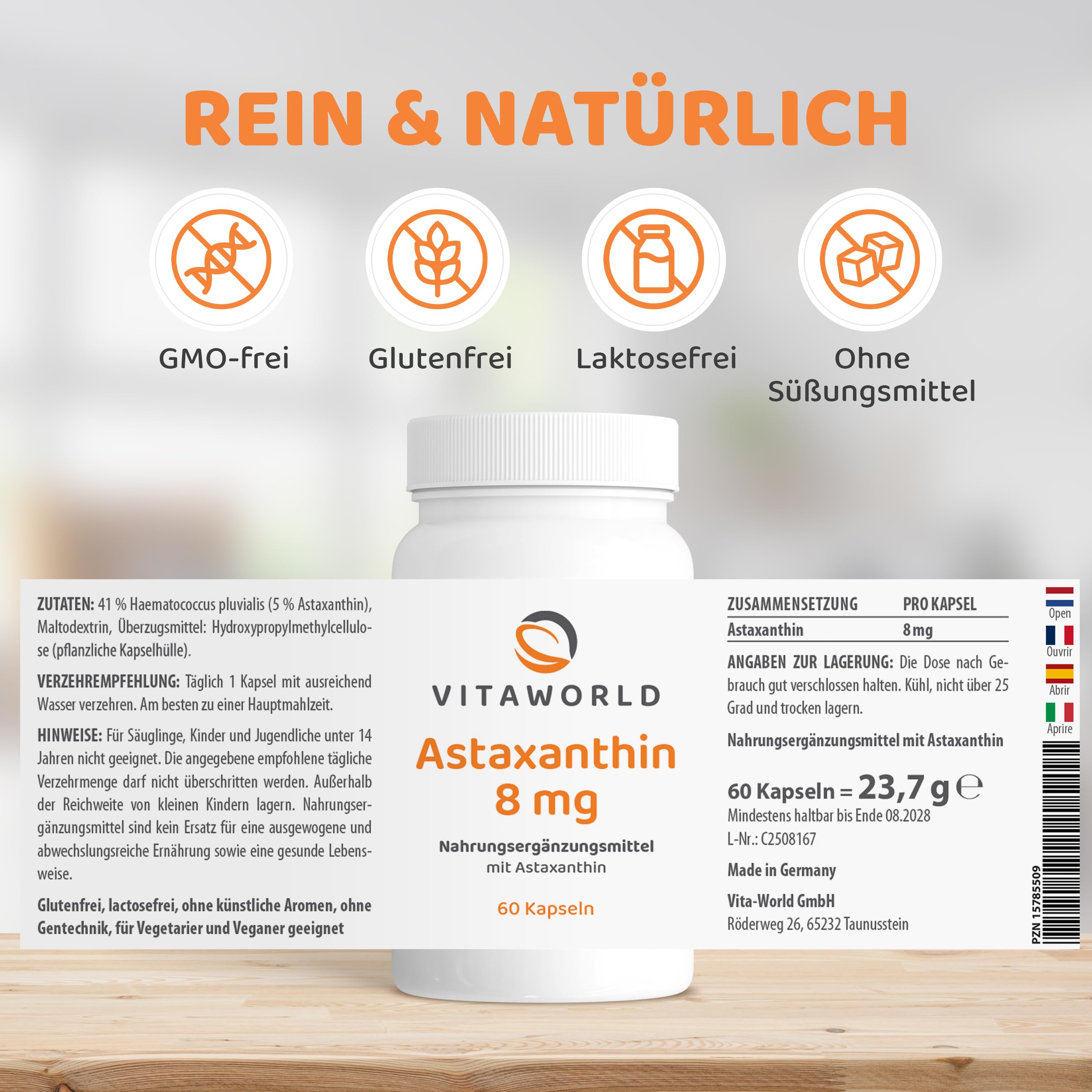 vitaworld Astaxanthin Kapseln 3 Dosen hochdosiert 8mg | 180 vegetarische Kapseln, Haematococcus pluvialis Alge, natürlicher Komplex, Zellschutz, ohne Zusätze