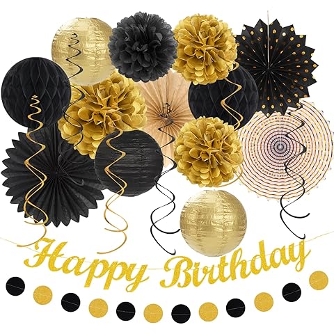 Black Gold Women-Men Birthday Party-decorations - 21pcs Happy Banner,Paper Streamer...