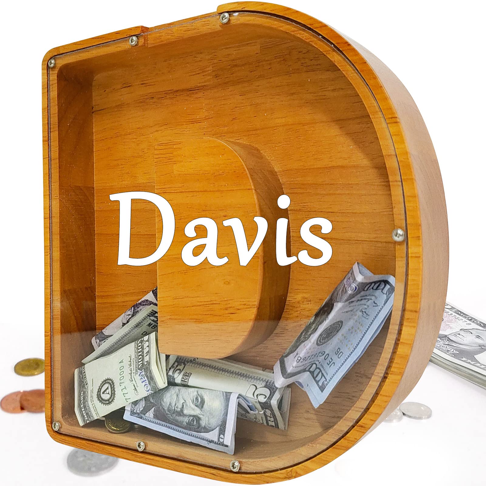 Custom 12" Extra Large Wooden Piggy Bank (Laser Engraved Name), Personalized Piggy Bank for Kids Boys Girls, Alphabet Coin Bank Money Savings Box,