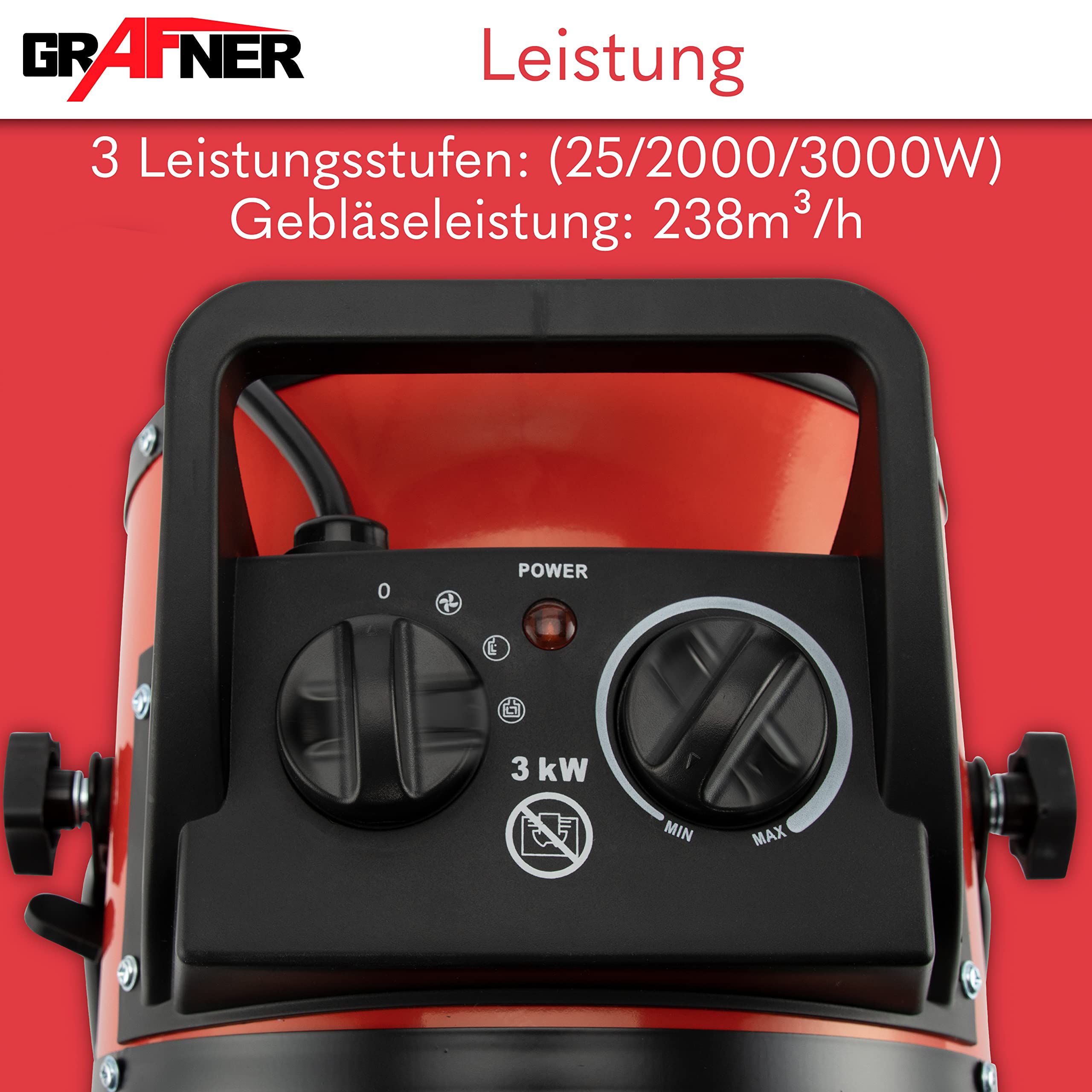 Grafner XXL Keramik Heizlüfter mit 3000 Watt 3KW, 3 Heizstufen, automatischer Thermostat, kraftvoller Turbo Heizer, PTC-Element, Überhitzungsschutz, Bauheizer elektrisch, Elektroheizung, Zeltheizung