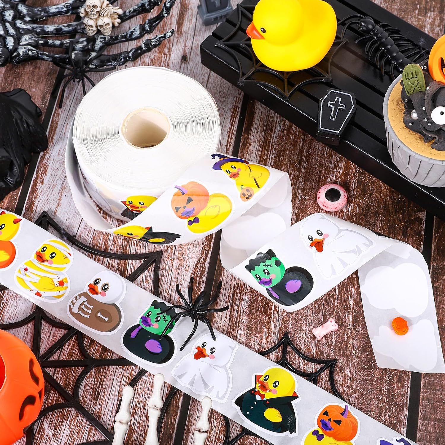 Whaline 1000Pcs Halloween Rubber Duck Roll Stickers Self-Adhesive Funny Cartoon Duck Label Decals for Envelope Water Bottle Scrapbook Decor Trick or Treat Party Supplies image 5