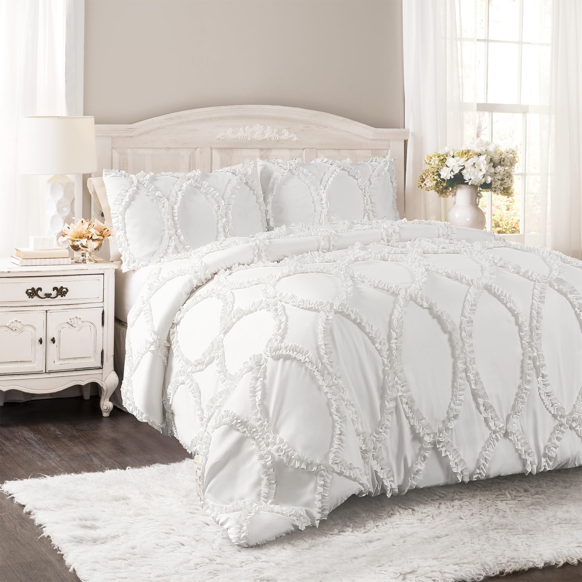 Lush Decor Avon Comforter Ruffled 3 Piece Set with Pillow Shams-Full Queen-White