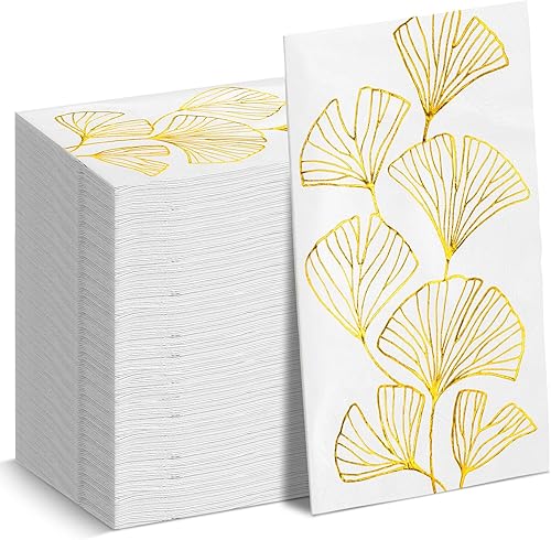 100 servilletas de papel de aluminio dorado desechables a granel de hojas de ginkgo de 2 capas blancas con hojas de oro, para cóctel, cena,