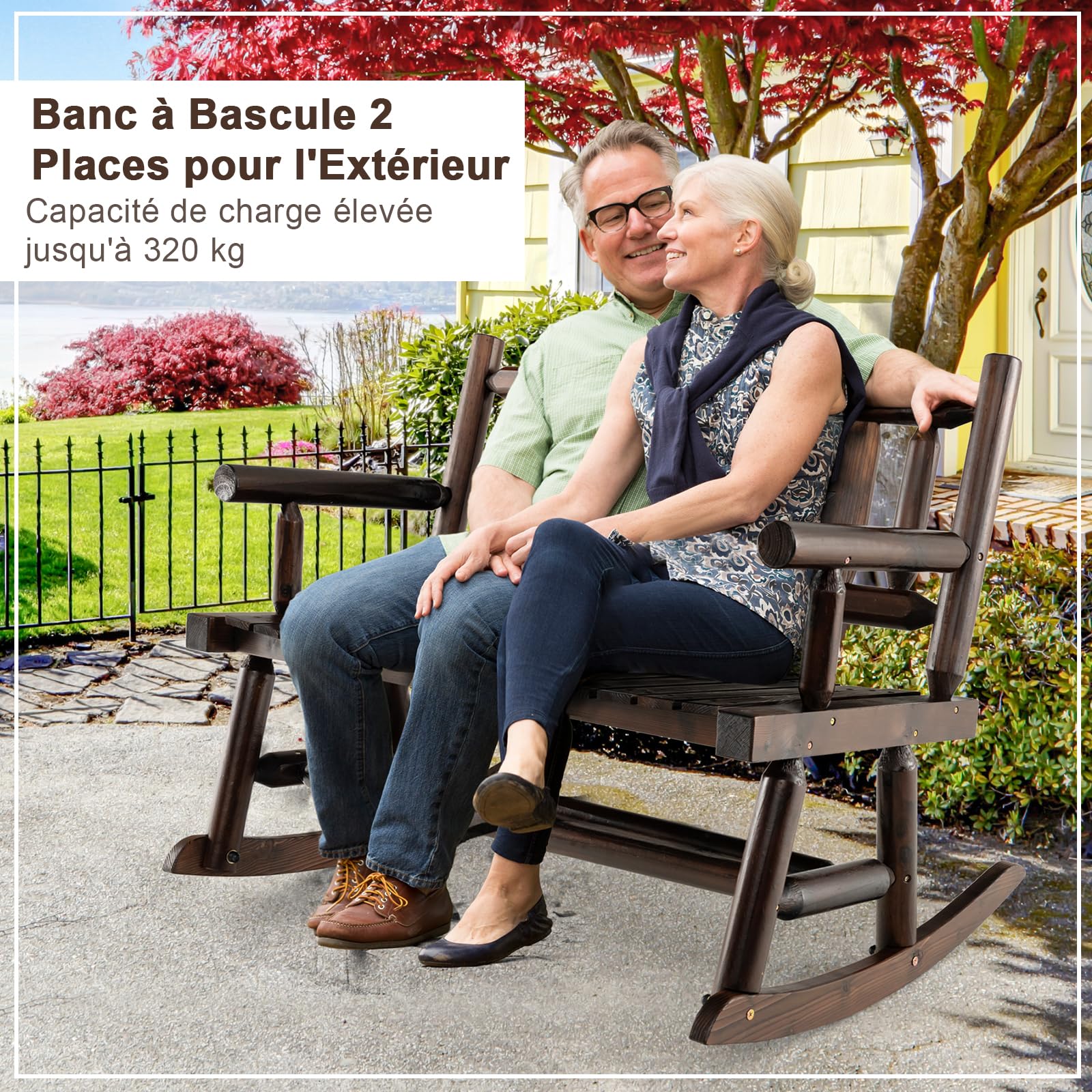 GOPLUS Banco Mecedora Exterior para 2 Personas, Mecedora Doble de Madera Carbonizada con Asiento Curvado, Balanceo de Porche para Jardín, Trasero y Carga 320 kg, Marrón rústico