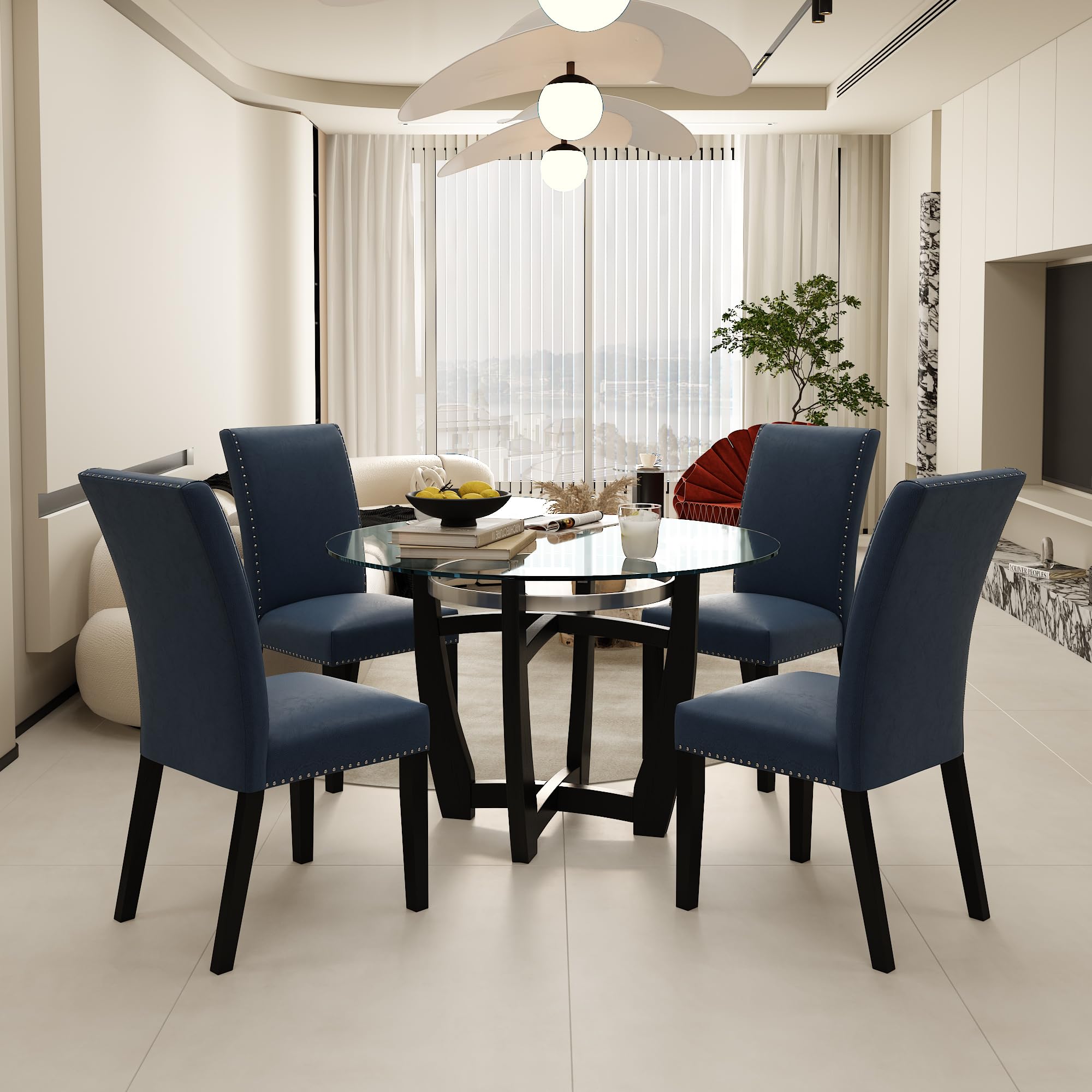 Amazon.com - Tempered Glass Dining Table Chair Set with 4 Leather ...