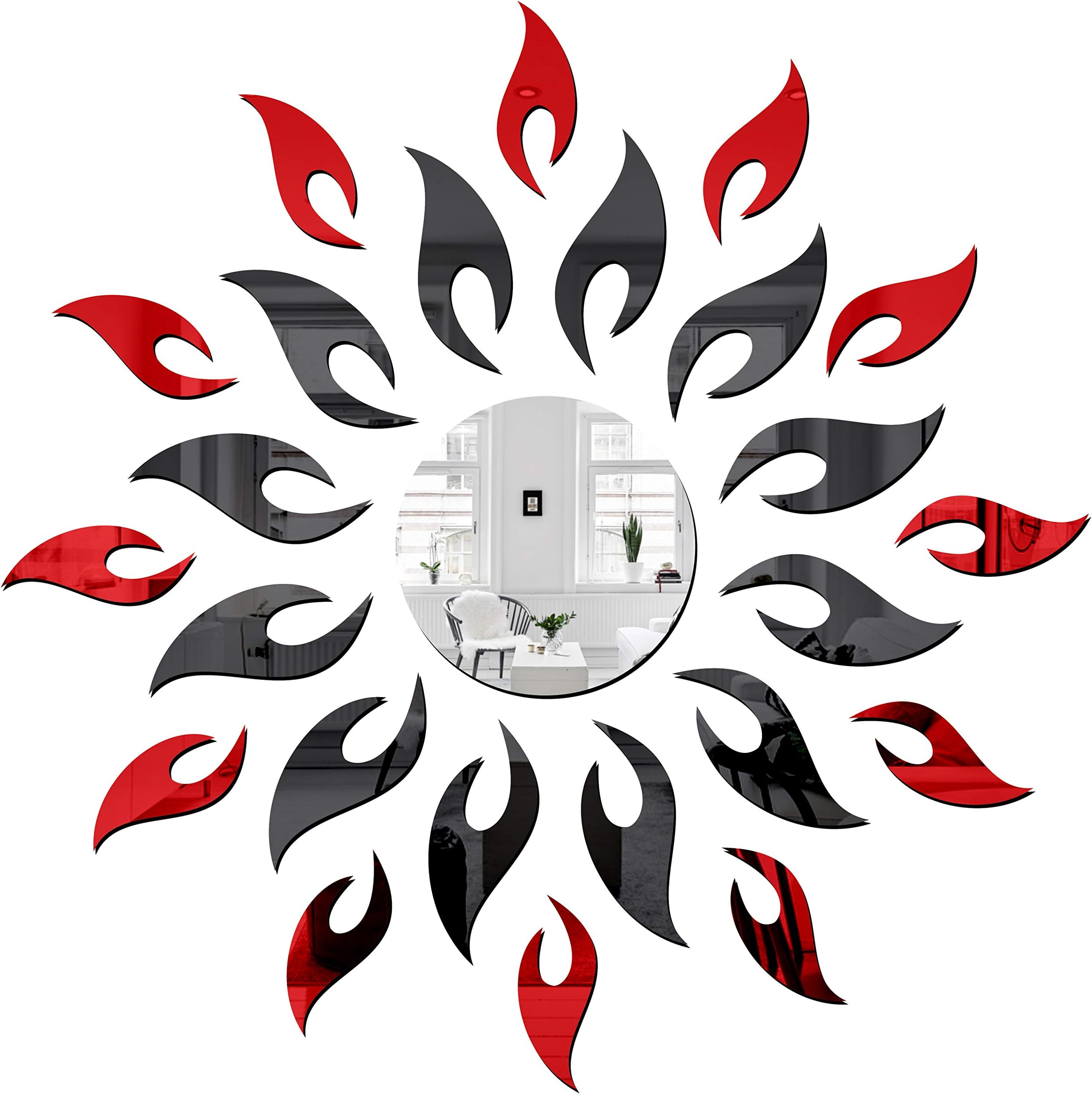 Bikri Kendra - Art BK21N26 - Sun Big Black Small RED Leaf Circle Silver - 3D Acrylic Decorative Mirror Wall Stickers-Self-Adhesive