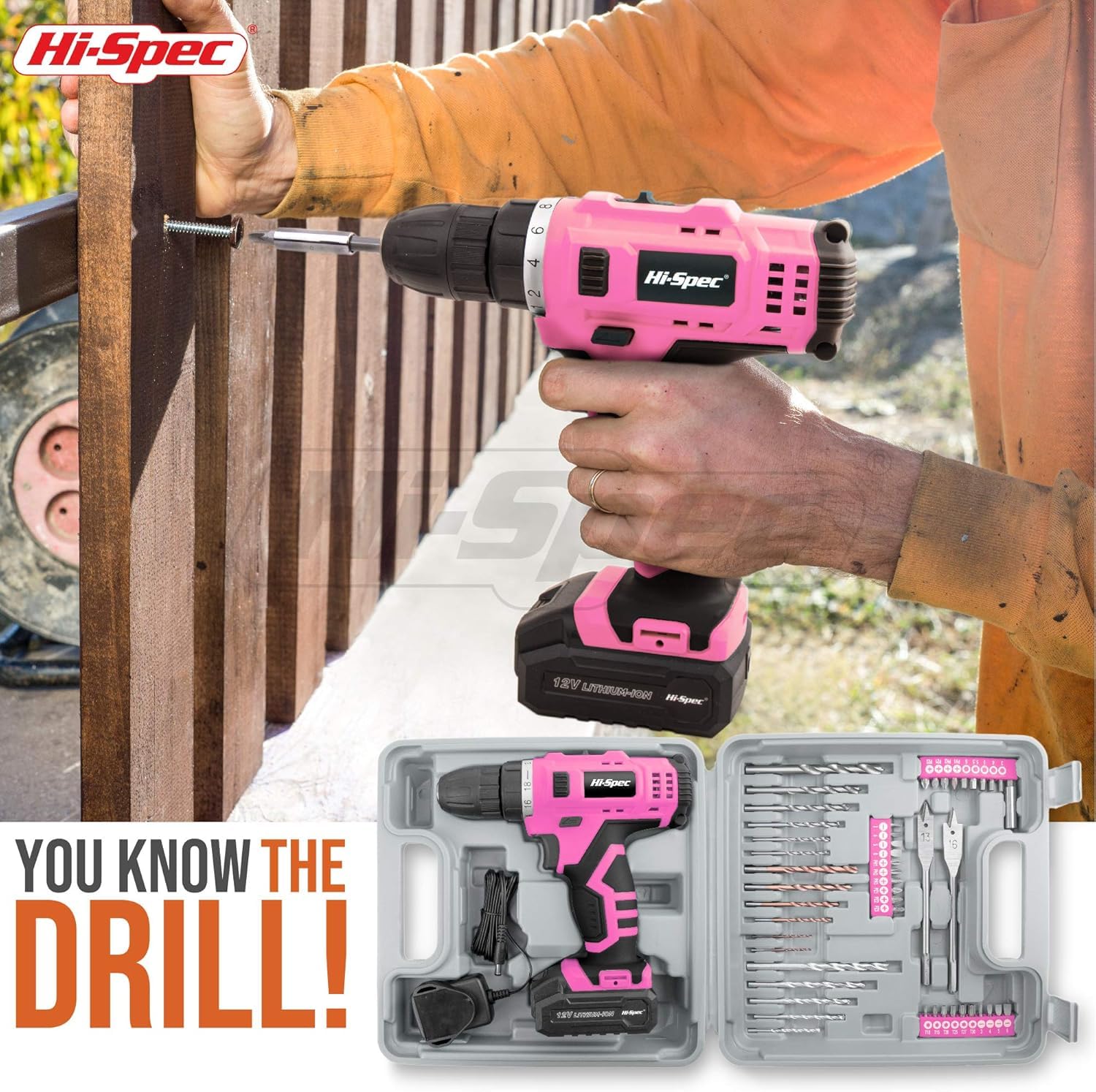 Hi-Spec Taladro Atornillador Destornillador Inalámbrico, 12V Batería de 1300mAh hasta 20Nm, Velocidad Variable y Luz Led. con Maletín Estuche de 46 Puntas Brocas y Accesorios de Bricolaje.