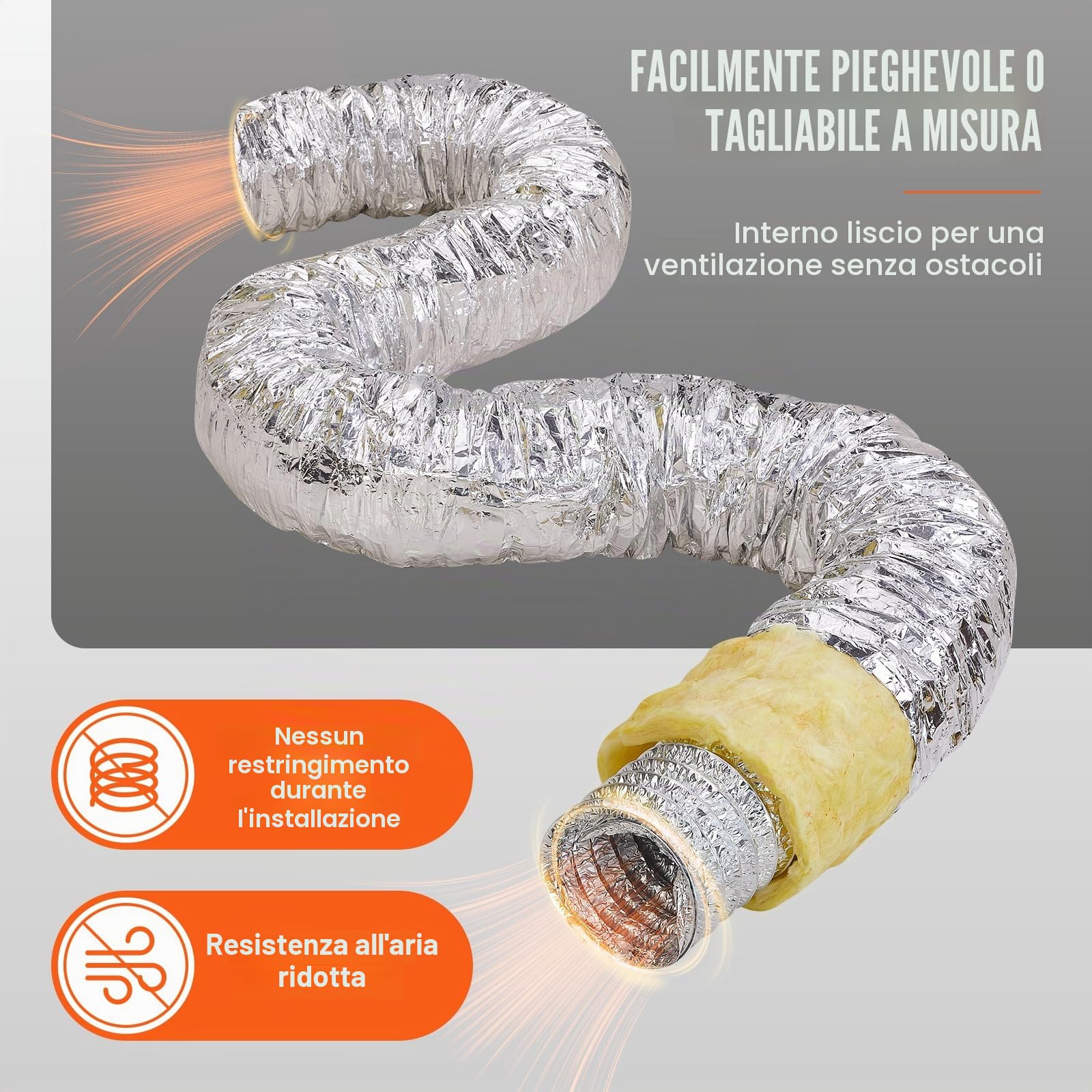 VEVOR Tubo Flessibile Coibentato 130x7620 mm Condotto di Sfiato Termoisolante in Alluminio PET con 2 Fascette Stringitubo Protezione a Tre Strati per Ventilazione, Riscaldamento, Raffreddamento, R-4.2