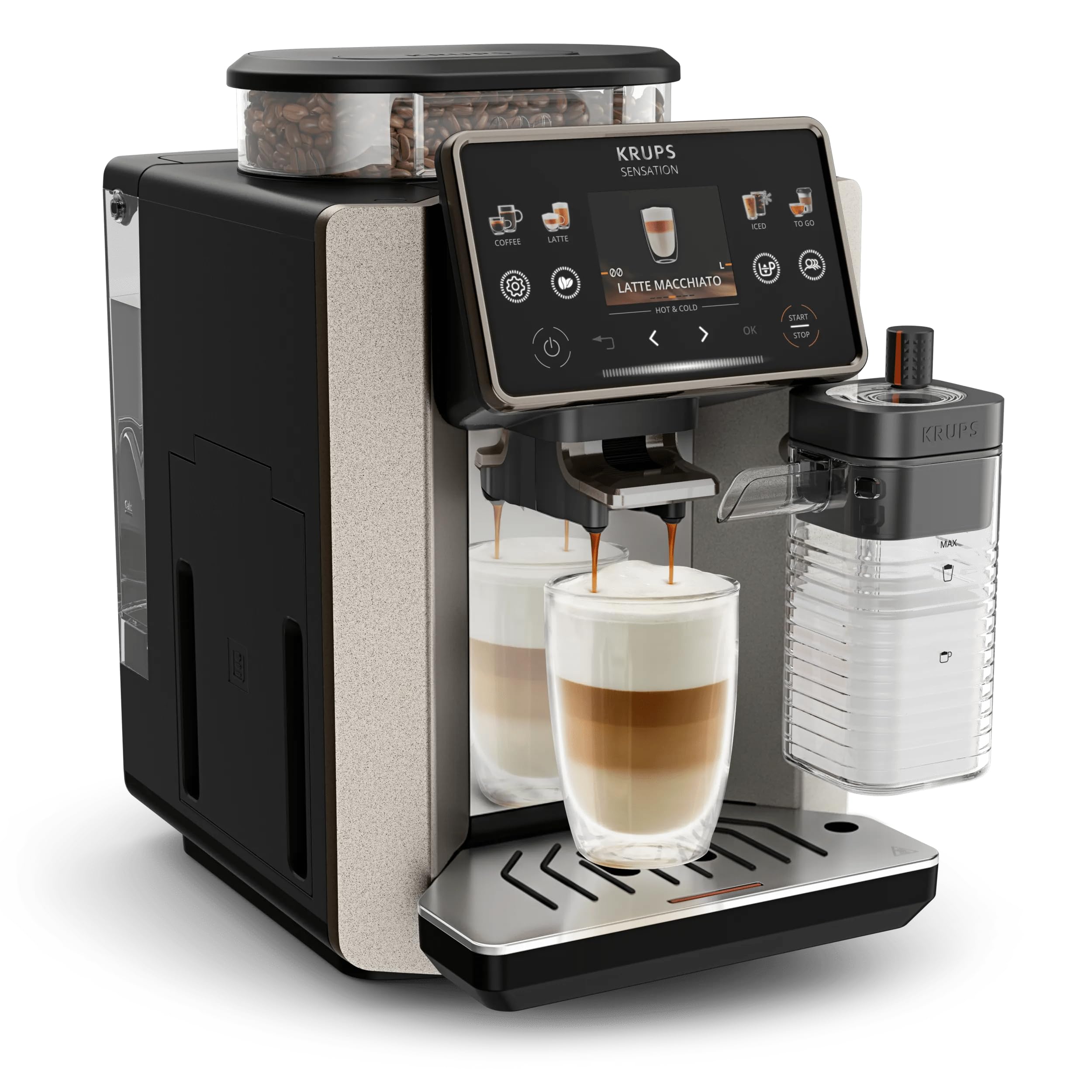 Krups Sensation Elite automatyczny ekspres do kawy, 24 gorące i zimne napoje, ekran 2,8", technologia Milk Maestro, technologia Cold Brew Arome, możliwość spersonalizowania ulubionych, Silver Premium