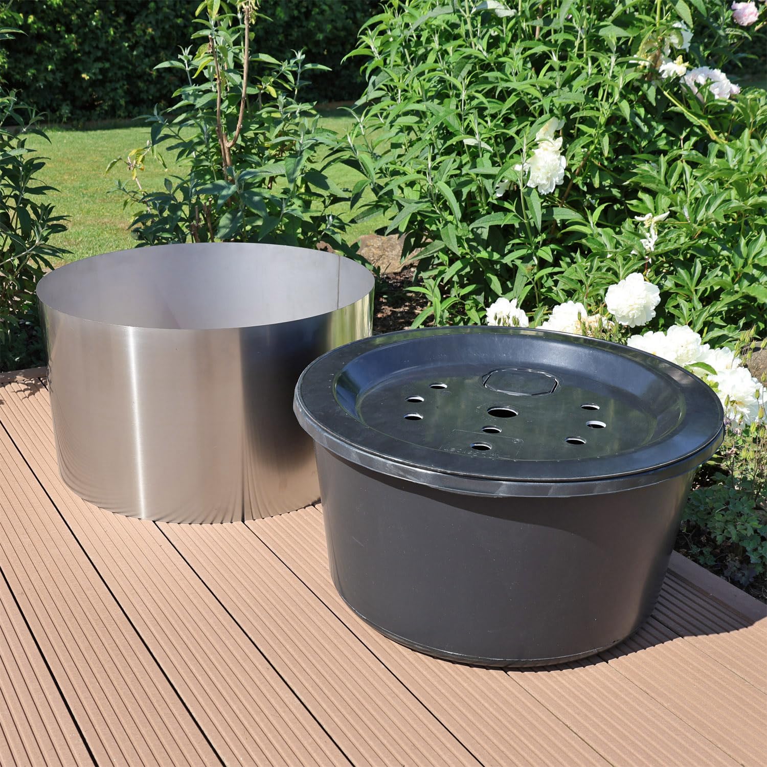 CLGarden Becken Set 90L ø 66cm mit Edelstahl Umrandung für Brunnen auf Terrasse Balkon Garten Springbrunnenbecken Brunnenbecken rund