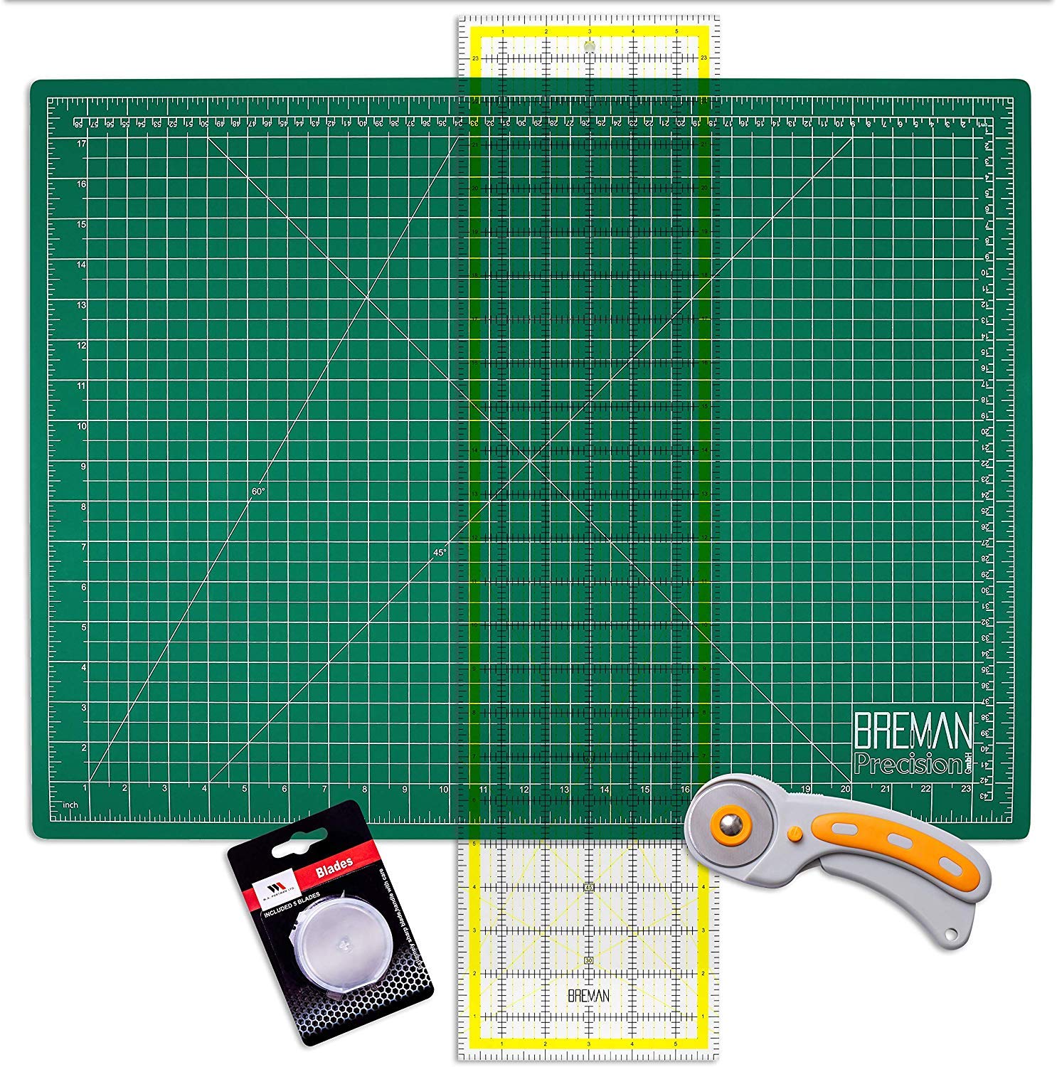 WA Portman Rotary Cutter Set & Cutting Mat for Sewing - 45mm Rotary Cutter  for Fabric & 5 Blades - 9x12 Inch Fabric Cutting Mat - 6x12 Inch Acrylic