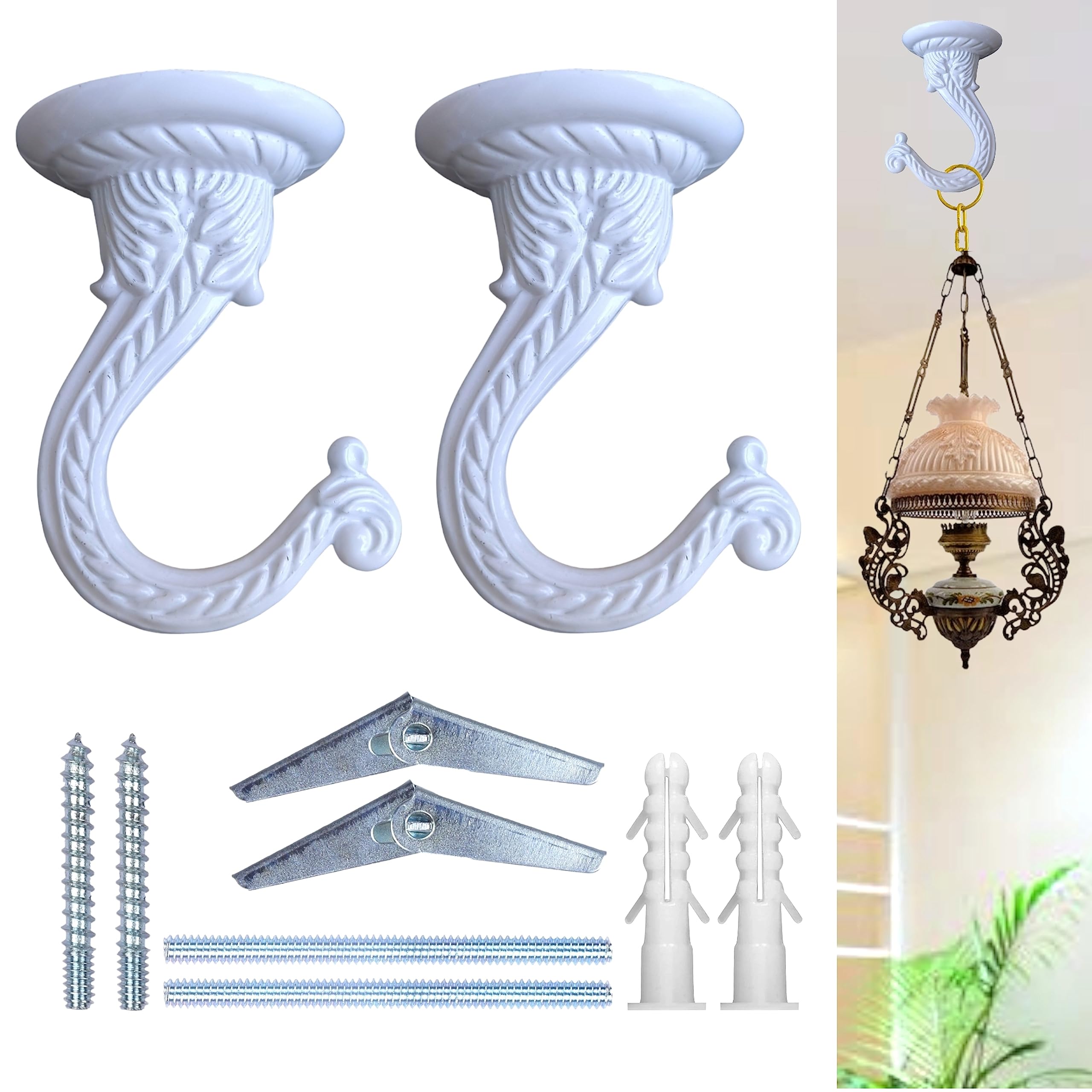 Indian Discovery Antique Metal Wall Ceiling Hook for Hanging Plants, Planters, Hanging Bell, Diyas, Lamps, Lanterns, Windchimes, Birdcages (Pearl White: Set of 2 Hooks)