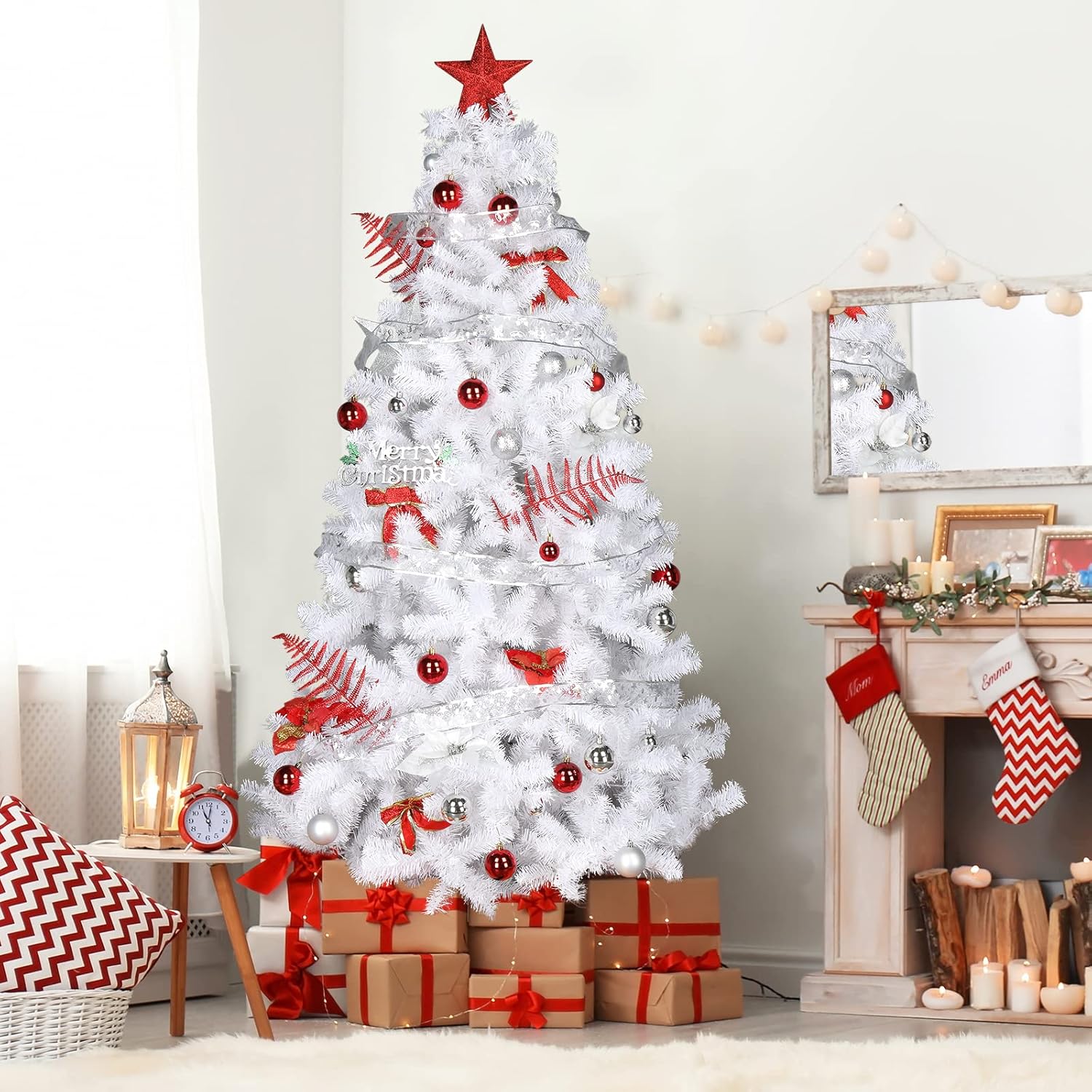 VINGLI 6ft Artificial Christmas Pine Tree with 250 Warm White Lights, Pre-Lit Xmas Tree for Holiday and Party Decorations