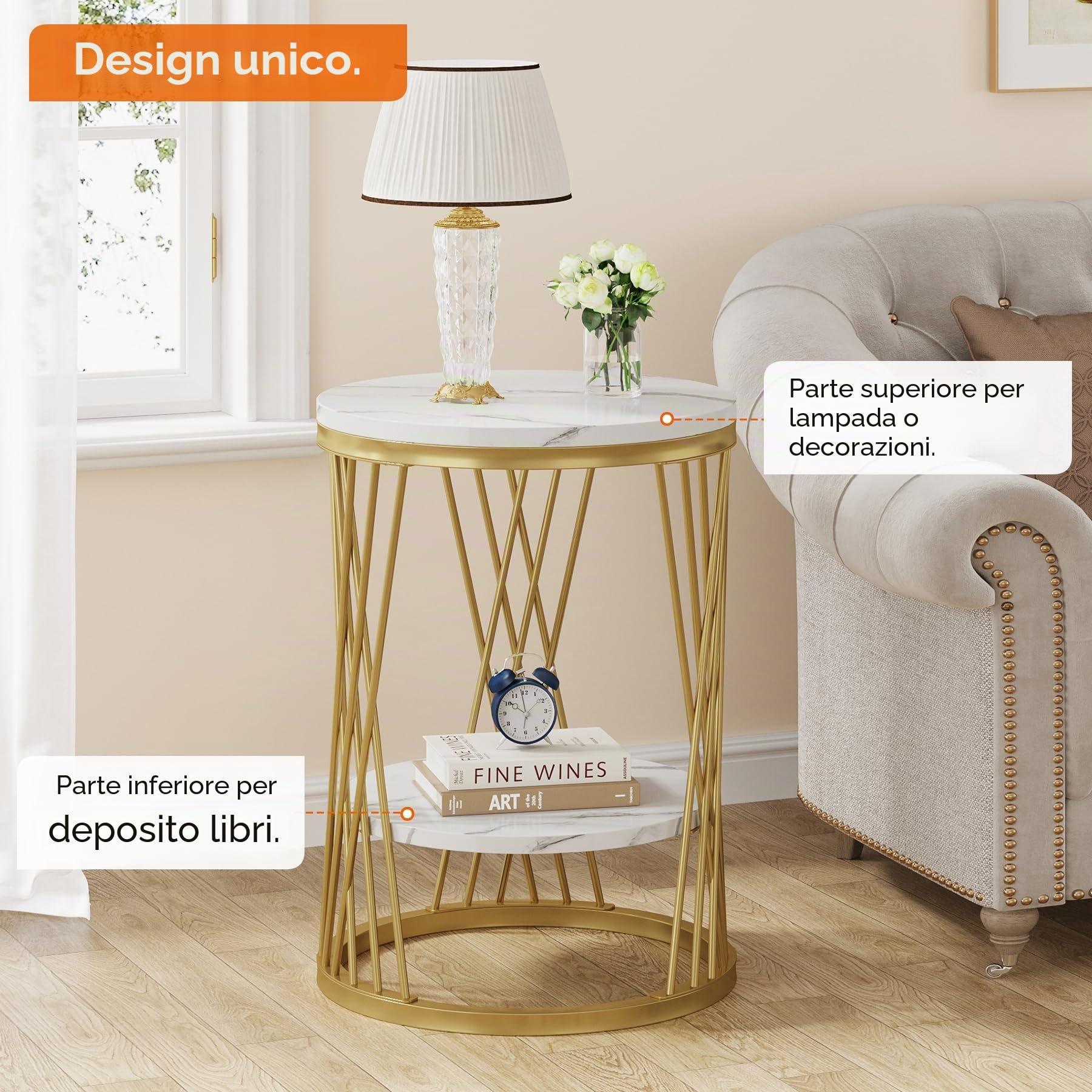 Tribesigns Set di 2 tavolini rotondi in oro bianco con ripiani in finto marmo, comodino a 2 ripiani, tavolino sottile per caffè, snack, divano, camera da letto, soggiorno (2 pezzi)
