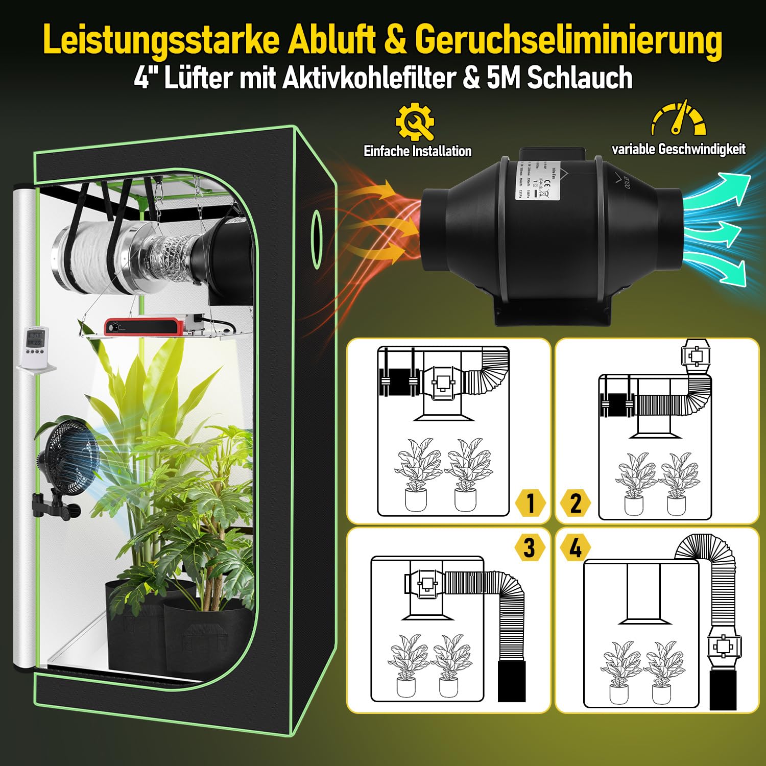 Kit Completo de Cultivo en Invernadero 80x80x160cm con Lámpara LED Plana de Cultivo de 200W, Conjunto de Ventilación y Filtro de Carbón Activo, Hidroponía de Espectro Completo