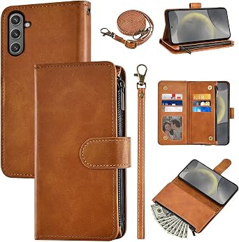 Wallet Case for Samsung Galaxy A16 5G/4G with Wrist Strap and Shoulder Strap PU Leather Flip Stylish 6+ Card Holder Stand Cash Pocket Cell Accessories Phone Cover for A 16 Women Men Brown