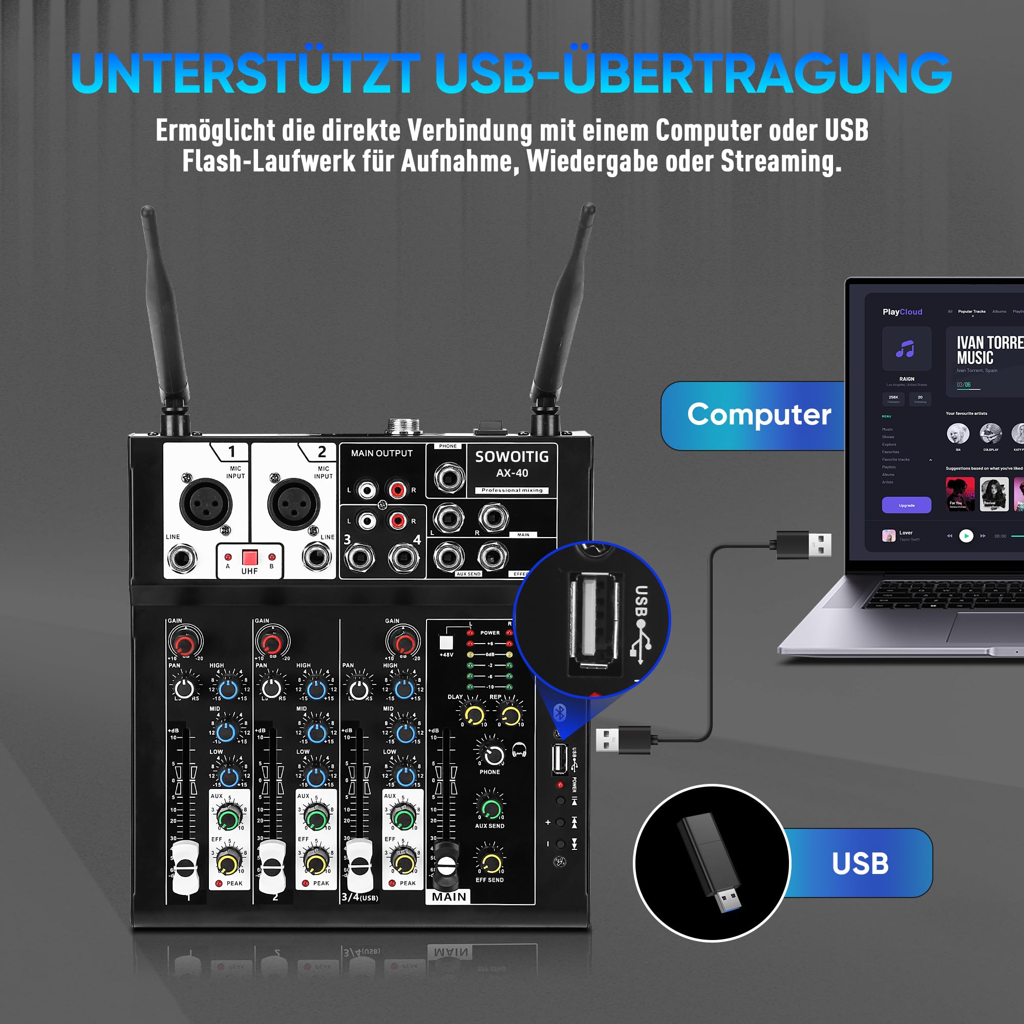 Table de mixage karaoké avec 2 microphones sans fil, table de mixage audio 4 canaux DJ, console de son, microphone sans fil, avec Bluetooth, port USB, alimentation fantôme 48 V pour