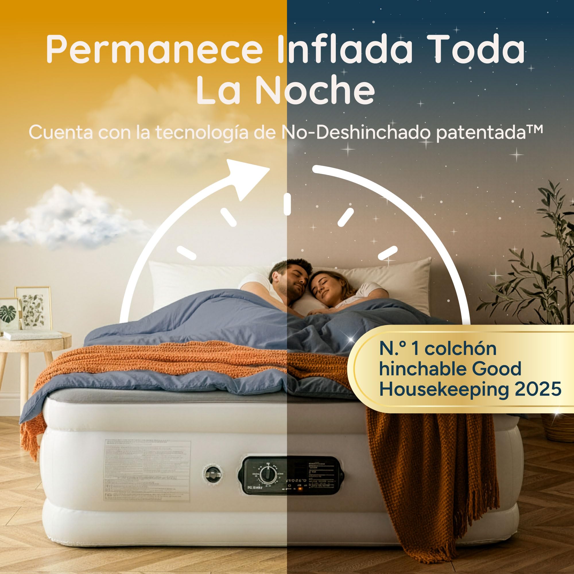 Huddle Never Deflate™ Luxury Colchón Inflable King Size, Ganador del Good Housekeeping 2025, con Hinchador Dual SlumberGuard™, firmeza Ajustable, Bomba integrada y luz Nocturna USB.