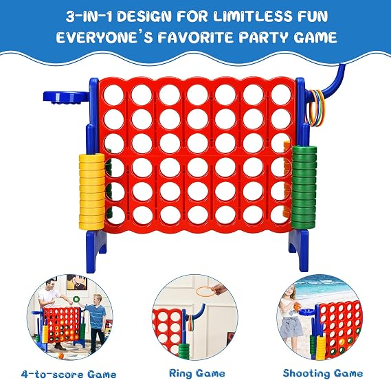 COSTWAY Giant Connect 4, 3-in-1 Indoor Outdoor Family Game with Basketball Hoop, Ring Toss, 42 Jumbo Rings, Quick-Release Slider, Four in A Row Game Set for Kids Adult (Blue)