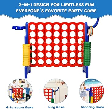 COSTWAY Giant Connect 4, 3-in-1 Indoor Outdoor Family Game with Basketball Hoop, Ring Toss, 42 Jumbo Rings, Quick-Release Slider, Four in A Row Game Set for Kids Adult (Blue)