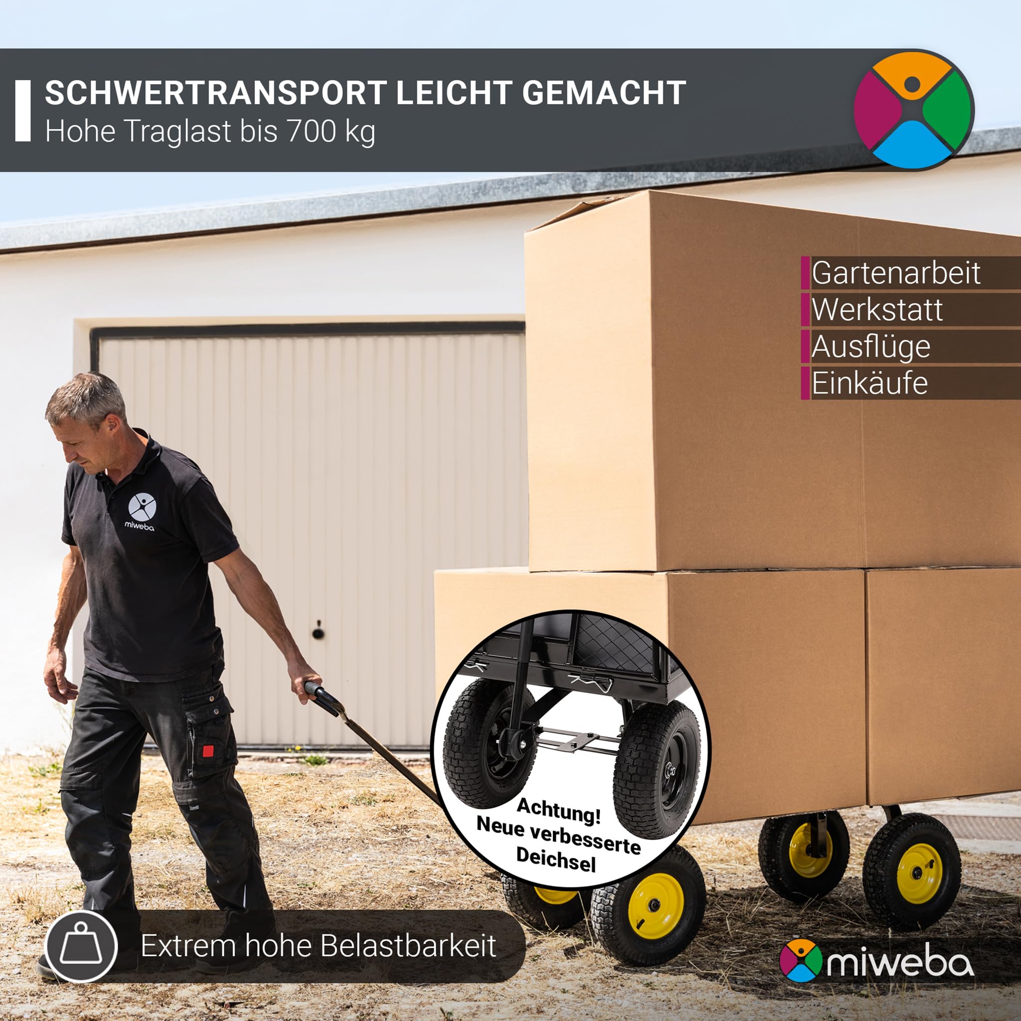 Miweba Bollerwagen MB-700 | 𝟕𝟎𝟎 kg Traglast - Luftreifen - Wände klappbar - Volumen 220 L - Sackkarre - Schubkarre - Transportwagen - Handwagen - Gartenwagen - Wagen - Gartenkarre (Grün)
