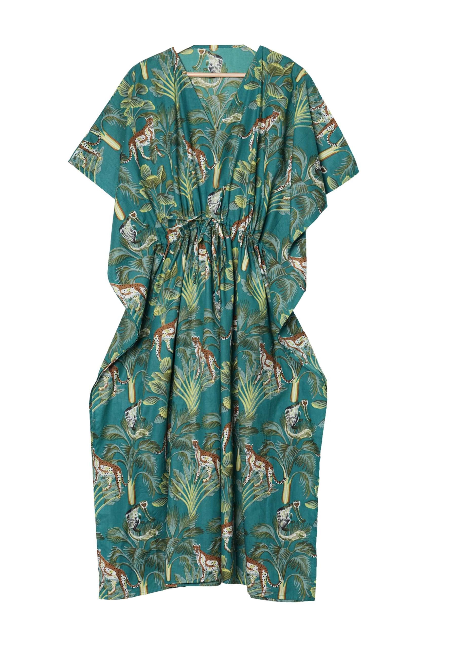 INDACORIFY Caftan Indien en Coton Doux imprimé à la Main, imprimé Floral, vêtements de Plage décontractés, Tuniques d'été, Robe Maxi Longue en Coton