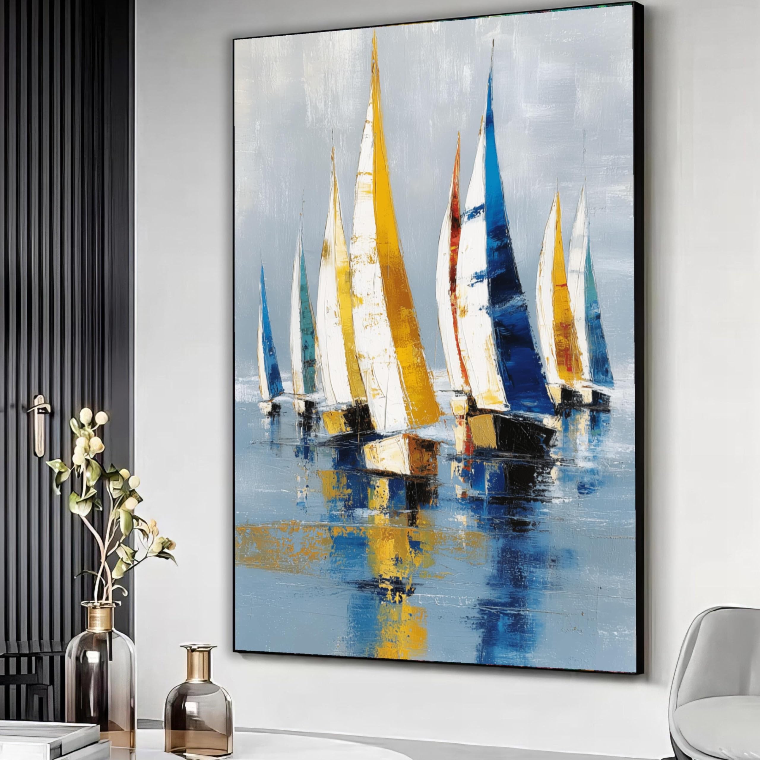 XBTYKPB Sailboats Reflection Canvas, Nautical Wall Art, Marine Painting, Blue Yellow White Boats, Coastal Home Decor, Sea Canvas(21x30cm/Frameless)