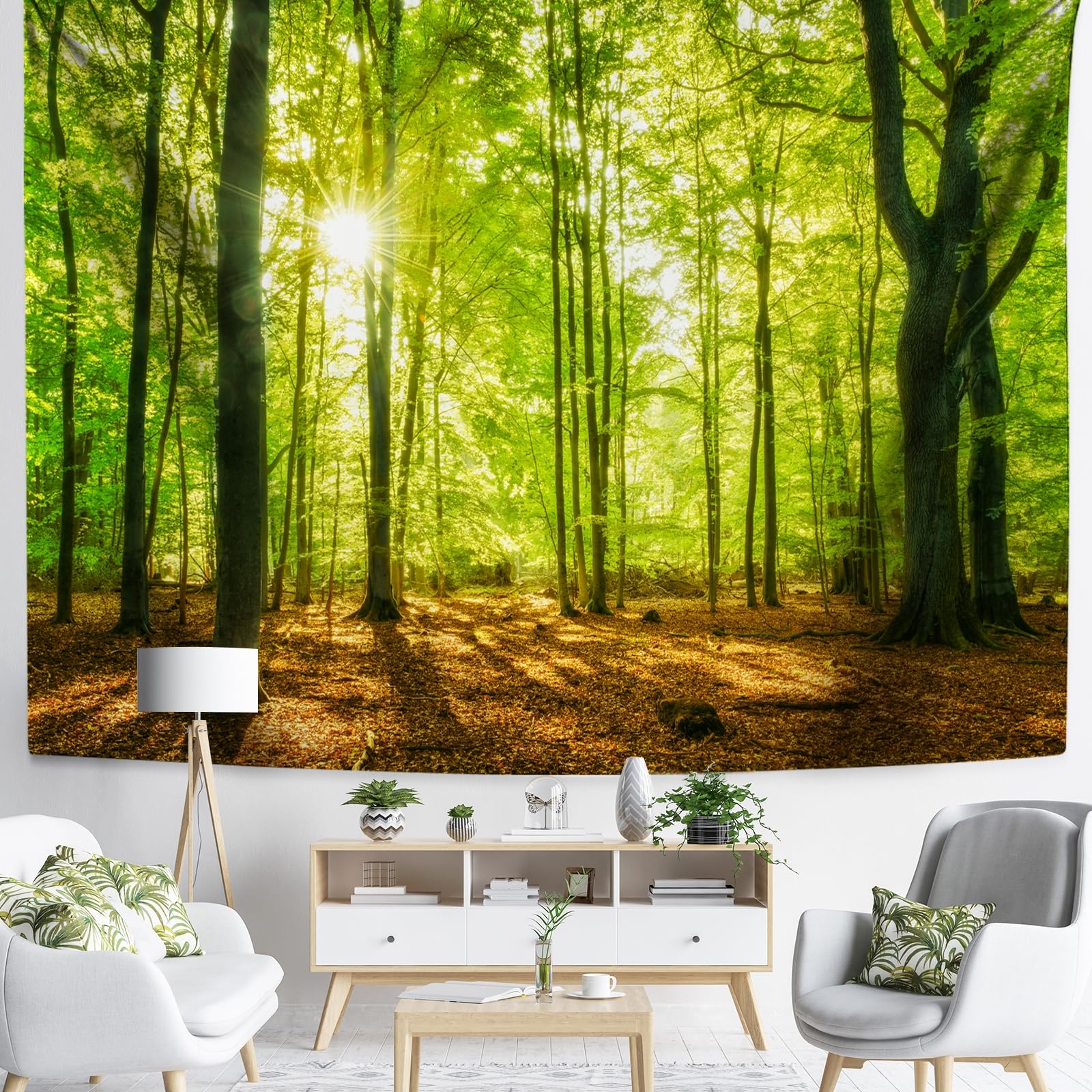 Lirzxin Tenture Murale XXL, Tapisserie Murale Jaune Vert Marron Arbre Nature Paysage Forêt Ensoleillé Tapisseries Décoration pour Chambre Salon Dortoir, 350x256 CM