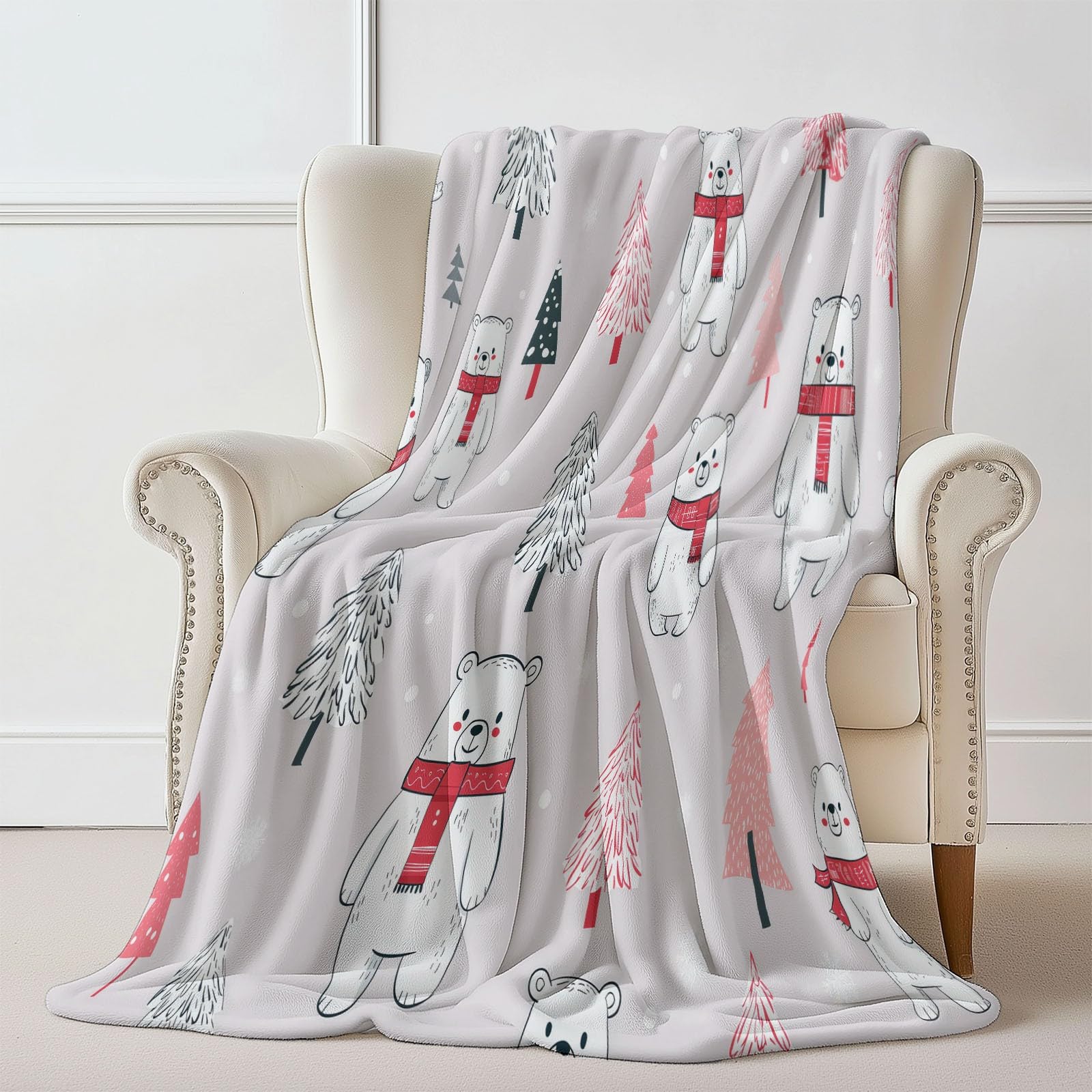 Manta de vellón Sherpa con Oso Navideño De Dibujos Animados, Blanco Manta de Felpa para sofá, decoración de habitación para bebé, para Invierno, para sofá, tamaño 127 x 152 cm