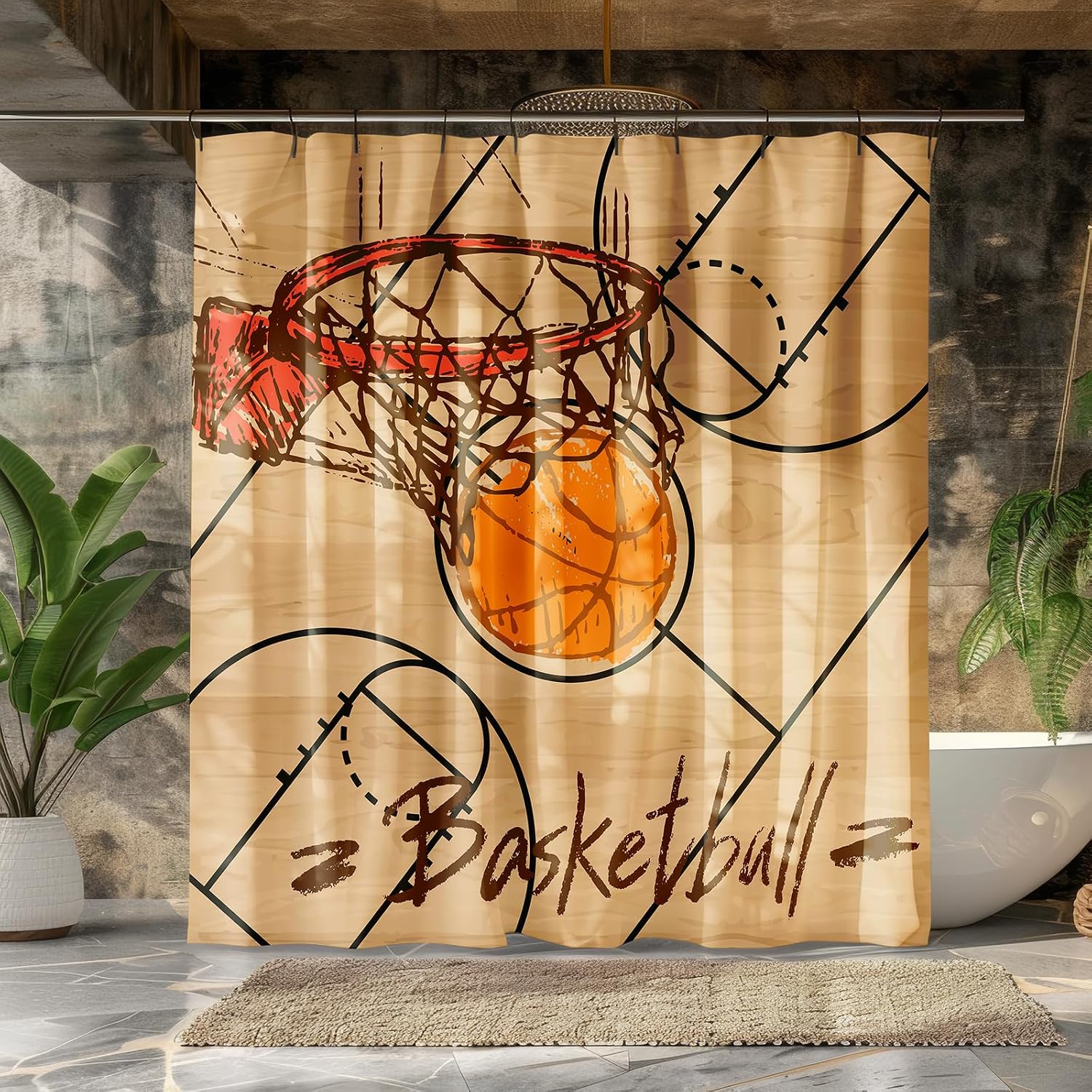 Peopleareok Basketball Shower Curtain for Boys, Basketball Boys Theme Sports Shower Curtain Mens Waterproof Polyester Bathroom Home Decor Set with 12 Hooks, 72" W x 72" L