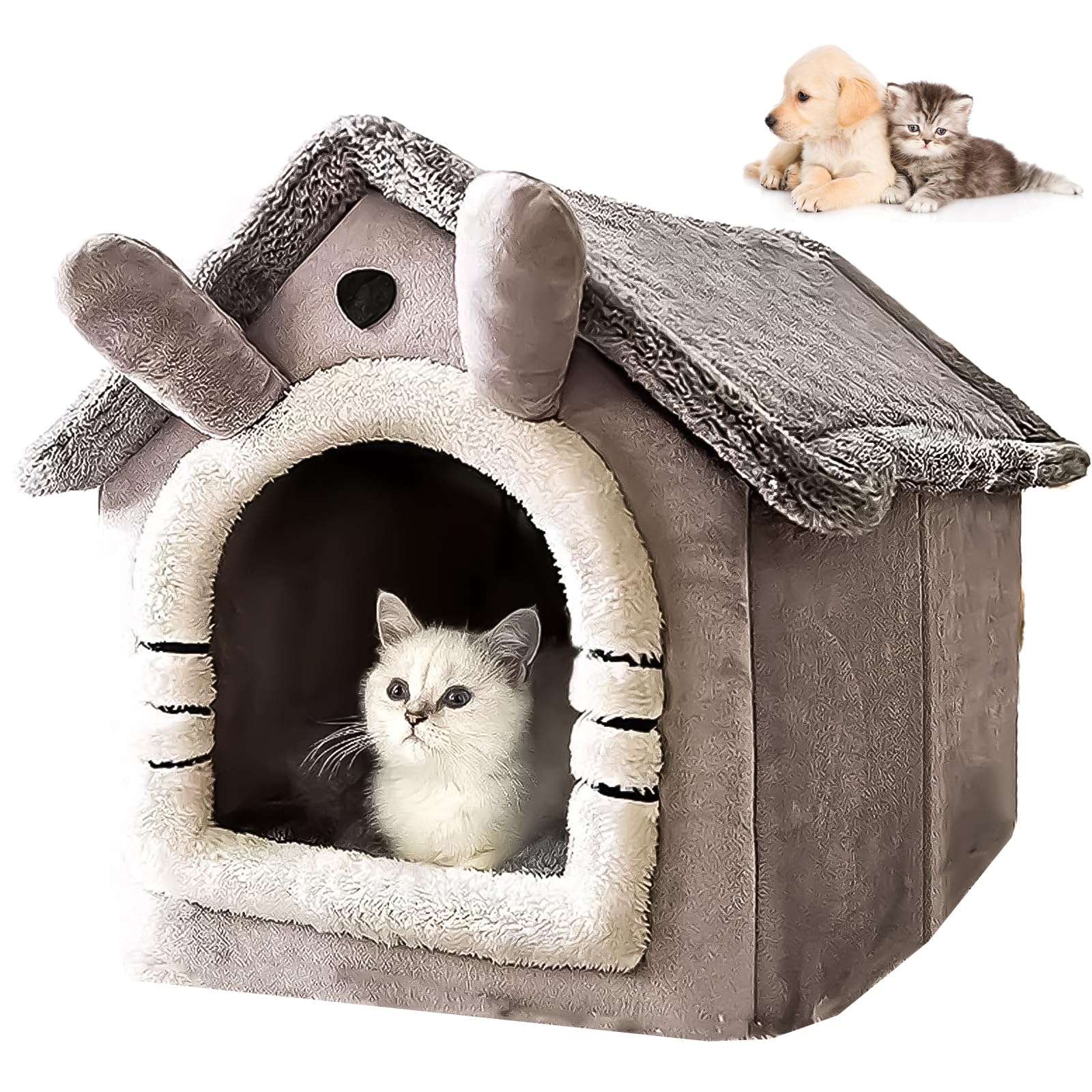 LLELEMAMO Blinksify Portable Indoor Pet House, Luxury Foldable Dog House & Cat Bed, Plush Indoor Soft Kennel with Removable Cushion, Cozy Covered Cat Hideaway (Gray-M)