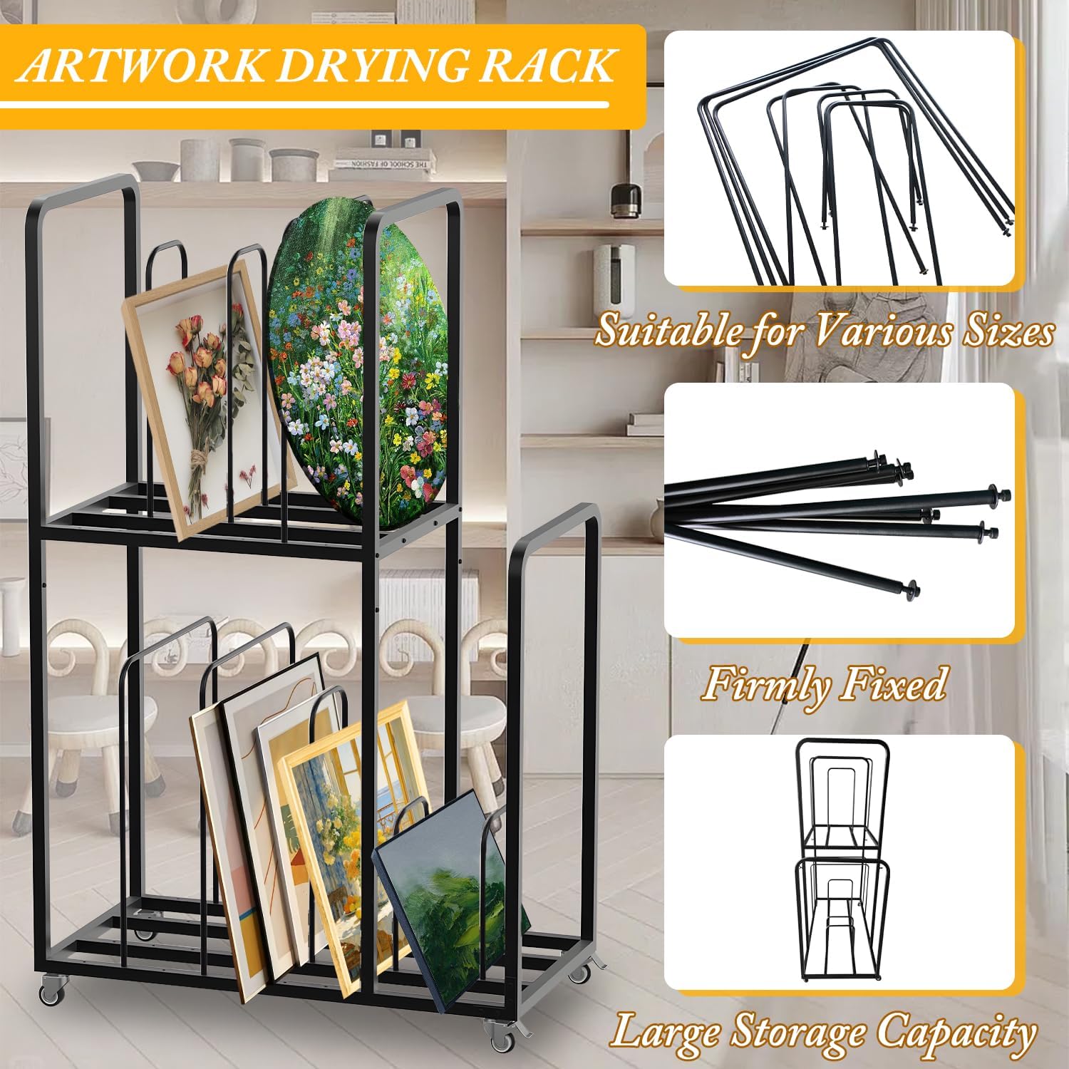 Art Canvas Storage Rack, Metal Art Drying Rack with Wheels, Adjustable Paint Drying Stand, Large Canvas Boards Rack for Classroom, Art Studios, Artwork, Schools, Gallery