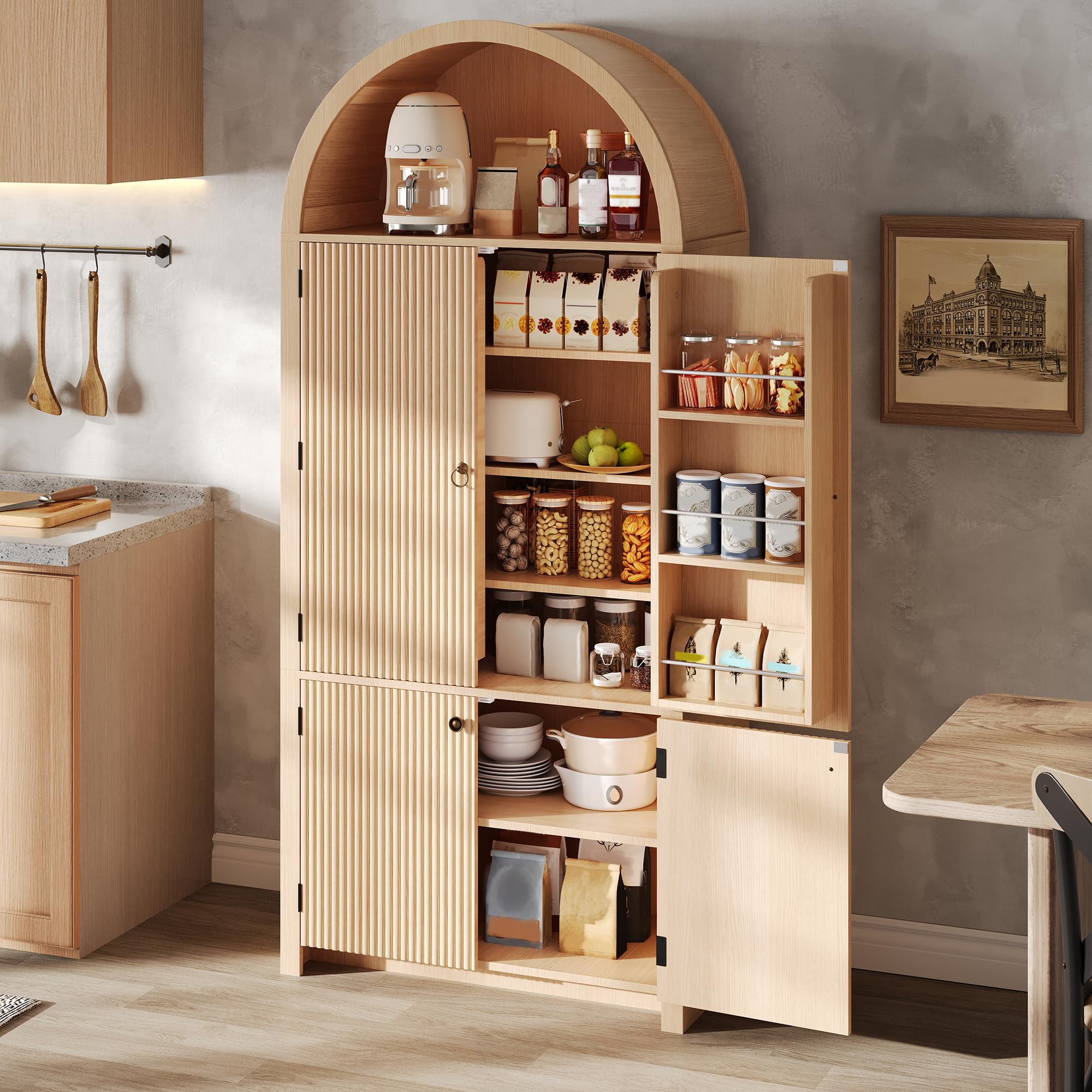 BTM Küchenschrank mit Türablagen und Offene Vitrine, Minimalistisch Bogenschrank Wohnzimmerschrank 180cm Holzoptik