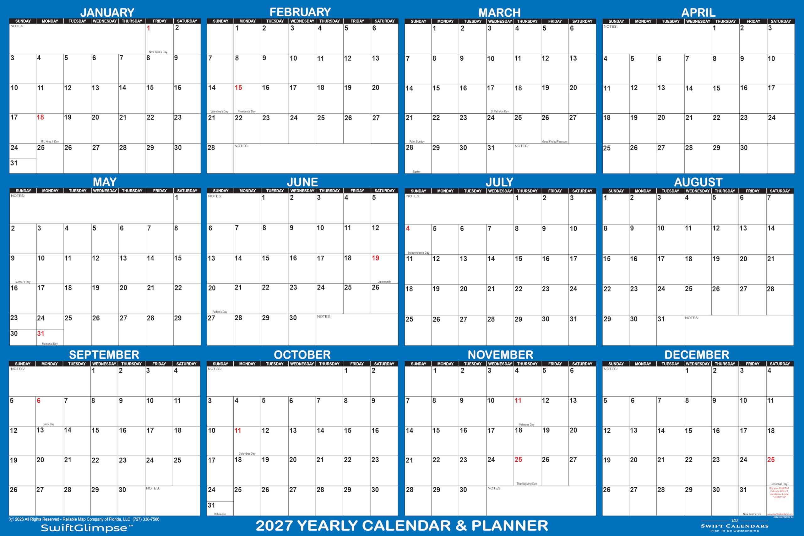 SwiftGlimpse Calendrier mural 2027 effaçable à sec et à sec 12 mois réversible horizontal/vertical Bleu marine 91,4 x 137,2 cm