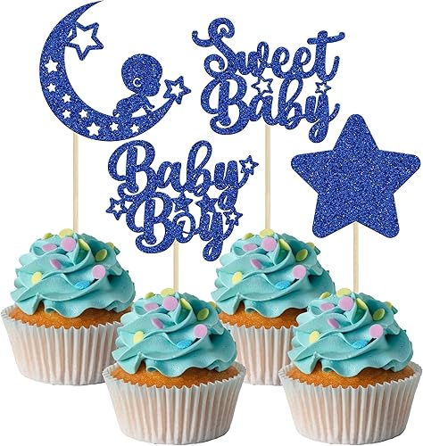 Gyufise 24 piezas de decoración de cupcakes para baby shower con purpurina de estrellas y luna, dulce bebé niño, para baby shower, fiesta de