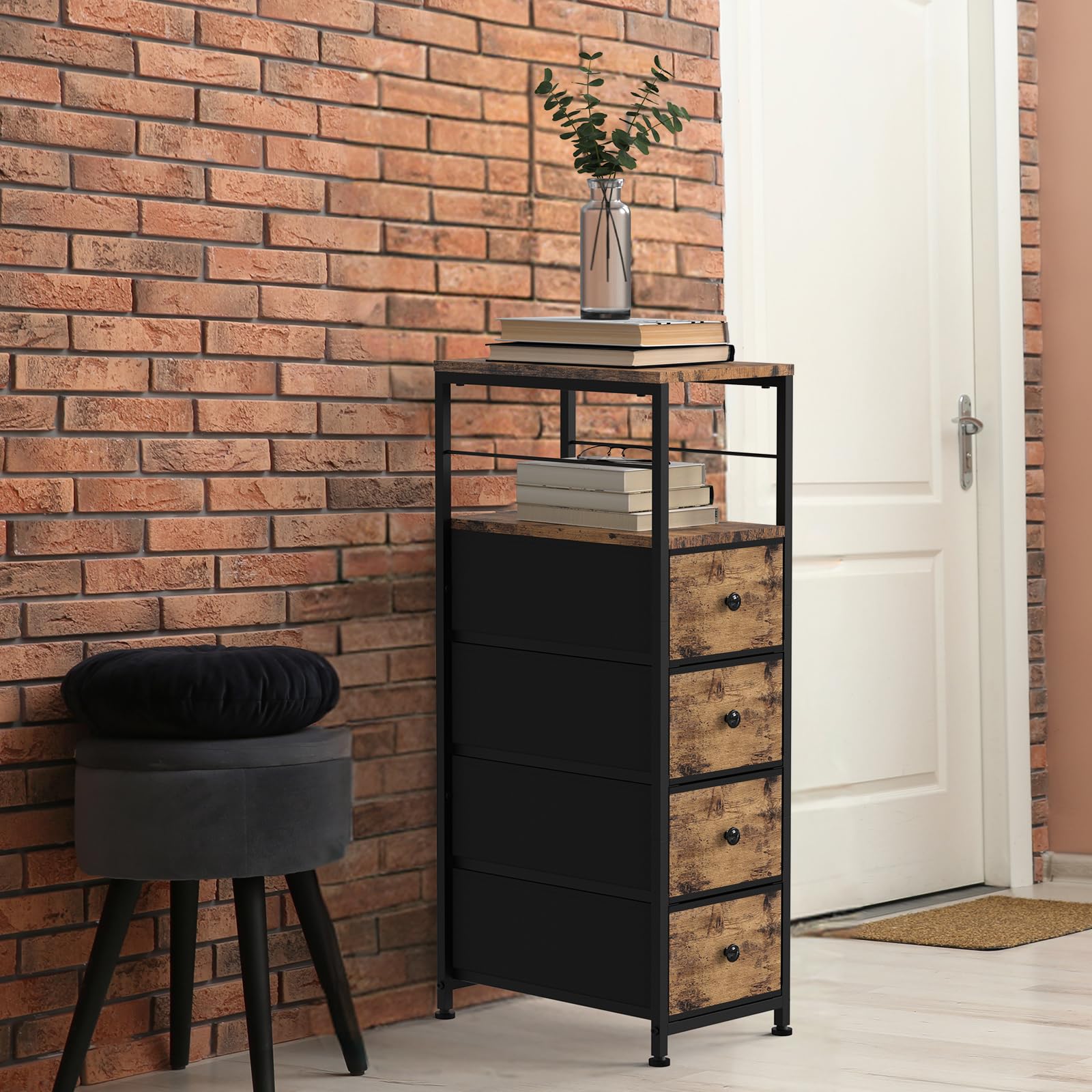 CADUKE Cómoda estrecha, torre de almacenamiento de 4 cajones, marrón rústico | Parte superior de madera, marco de metal resistente, cajones delgados para dormitorio, baño, sala de estar