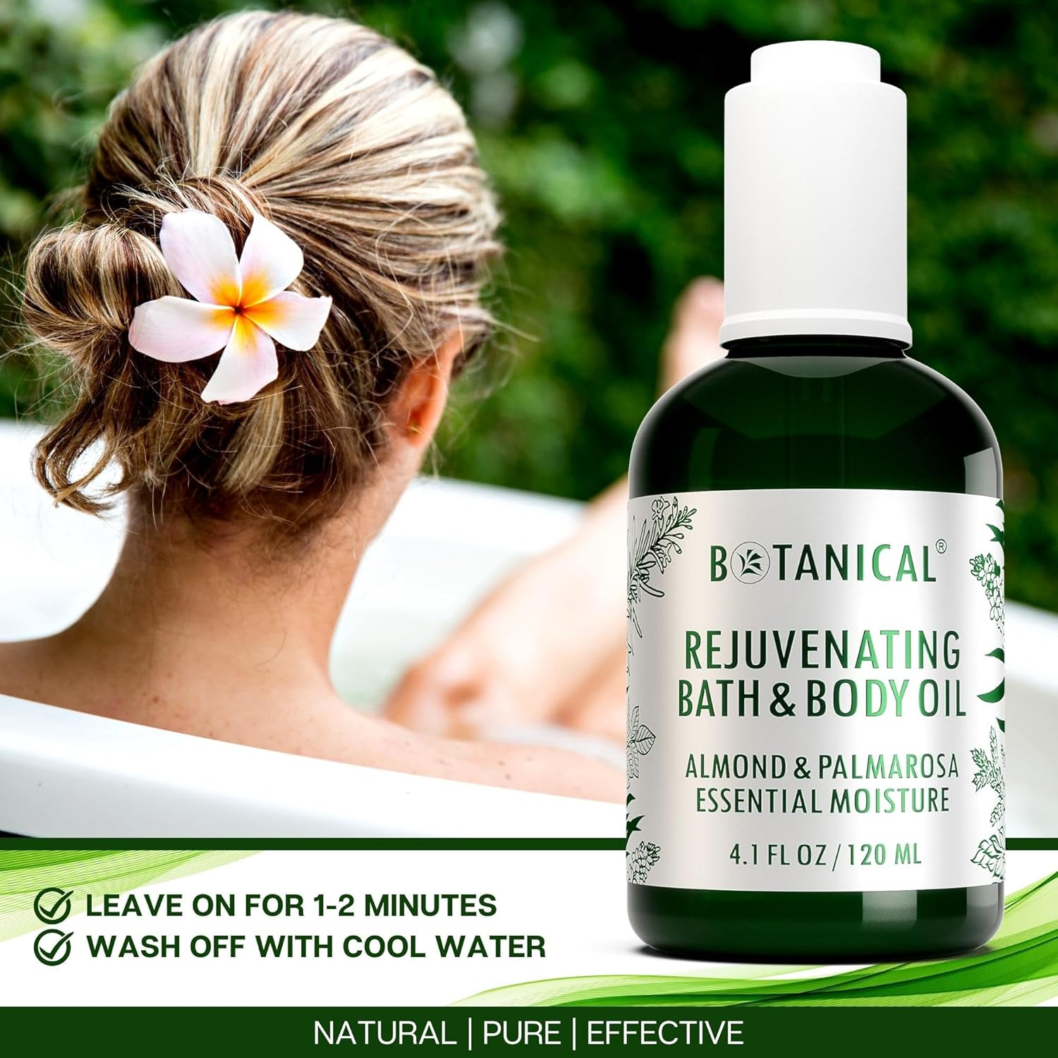 Botanical Bath & Body Oil | Rejuvenating Almond & Palmarosa | Organic, Pure, Natural Skincare (4.1 fl oz | 120 ml)