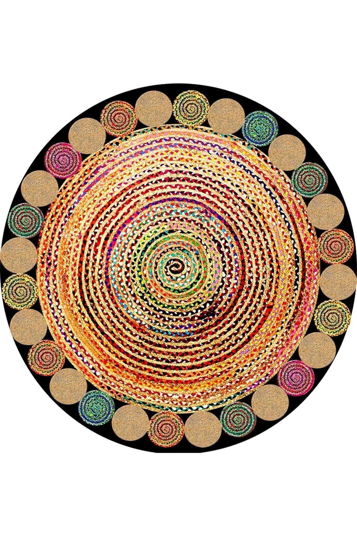 On The Clouds Jüt Hasır Kilim Görünümlü Dijital Baskılı Kaymaz Taban Yıkanabilir Modern Salon Halısı ve Yolluk MEGJ2SY, 160 x 160