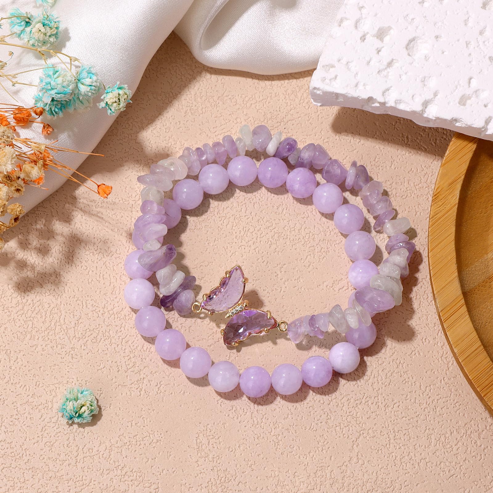 Braccialetto di Ametista per Donna, Braccialetti Anti-ansia con Perline di Ametista, ciondoli a Farfalla, Braccialetti a Strati di Pietre per Donna